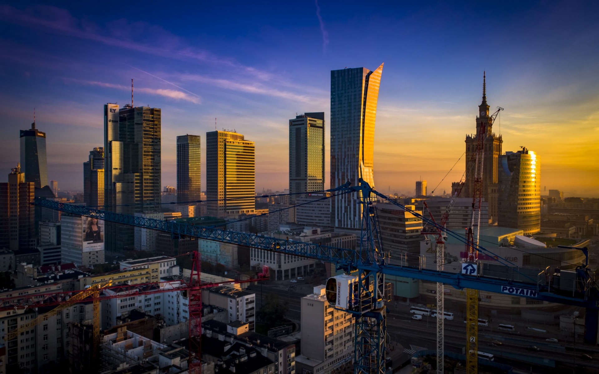 Warsaw, Morning sunrise, Skyscrapers, Poland, 1920x1200 HD Desktop