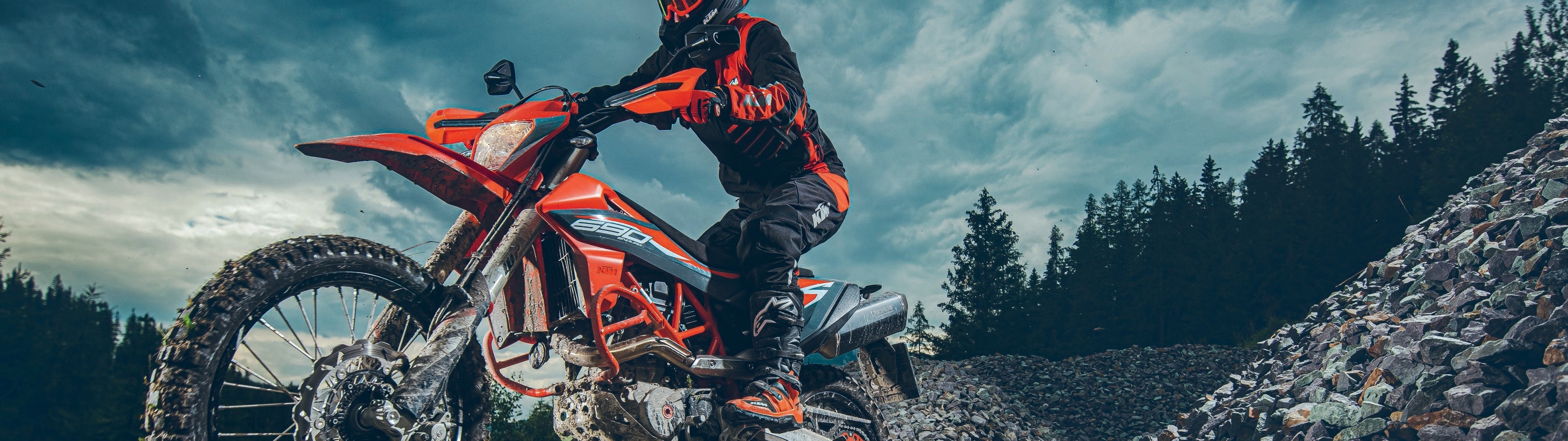 Enduro Motorbike: KTM 690, Track In The Highlands, Powerful Motor, Durable Tires, Motorcycling. 3840x1080 Dual Screen Background.
