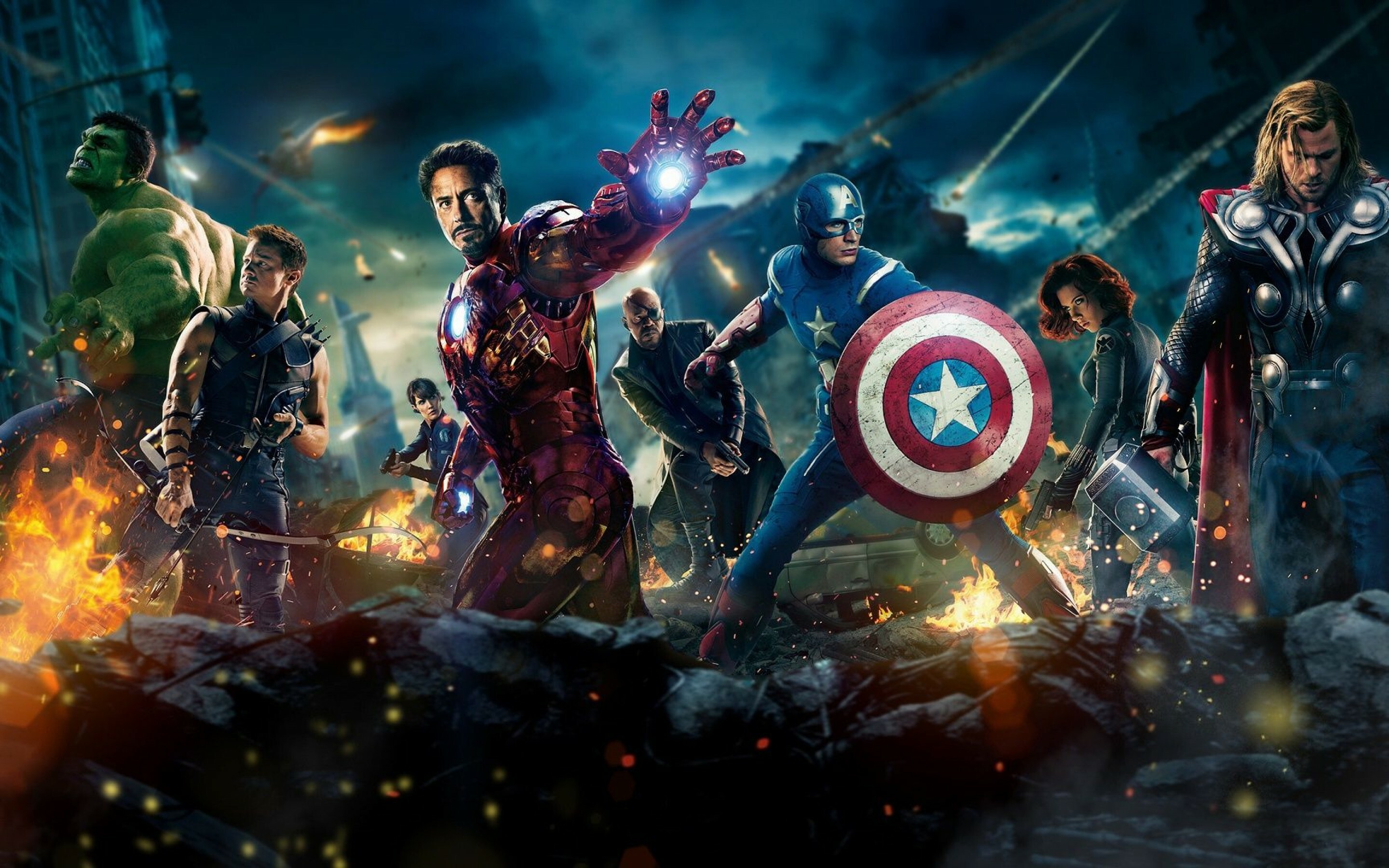 Marvel: Black Widow, Iron Man, Thor, Hawkeye, Captain America, Hulk, Nick Fury. 2880x1800 HD Background.