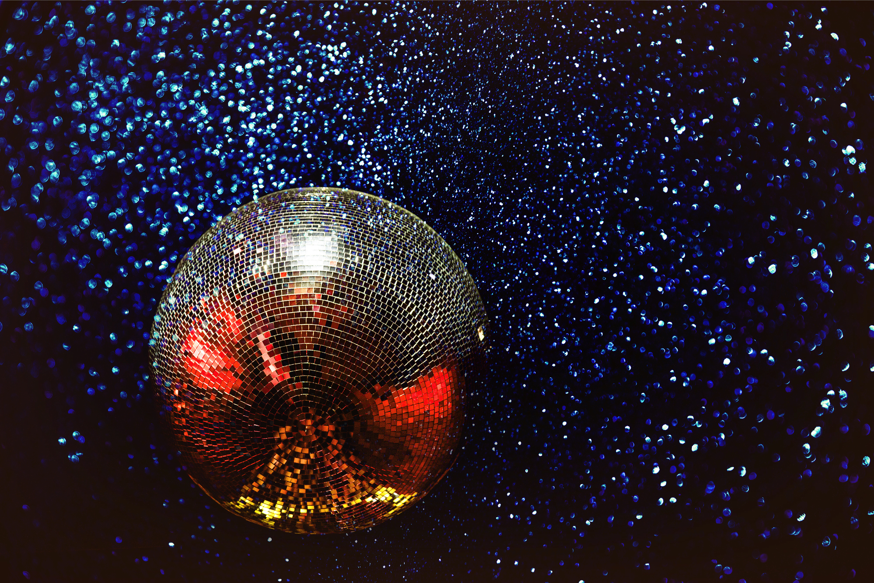 Discotheque: A picturesque golden glitter ball, Flashing light used at dance parties, Disco, Party lights. 3000x2000 HD Background.