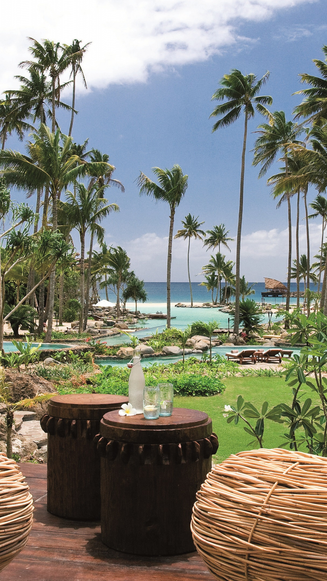 Tropical resort oasis, Sea, palm trees, pool, Luxury escape, 1080x1920 Full HD Phone