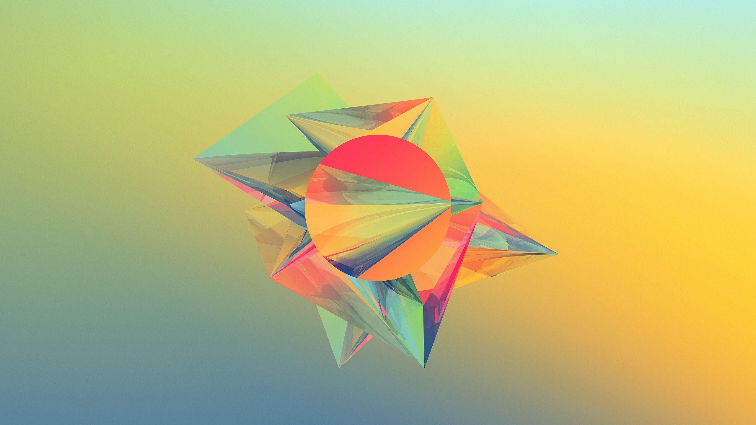 Geometric Abstract: Triangles, Circle, Colorful, Acute angles. 2560x1440 HD Wallpaper.