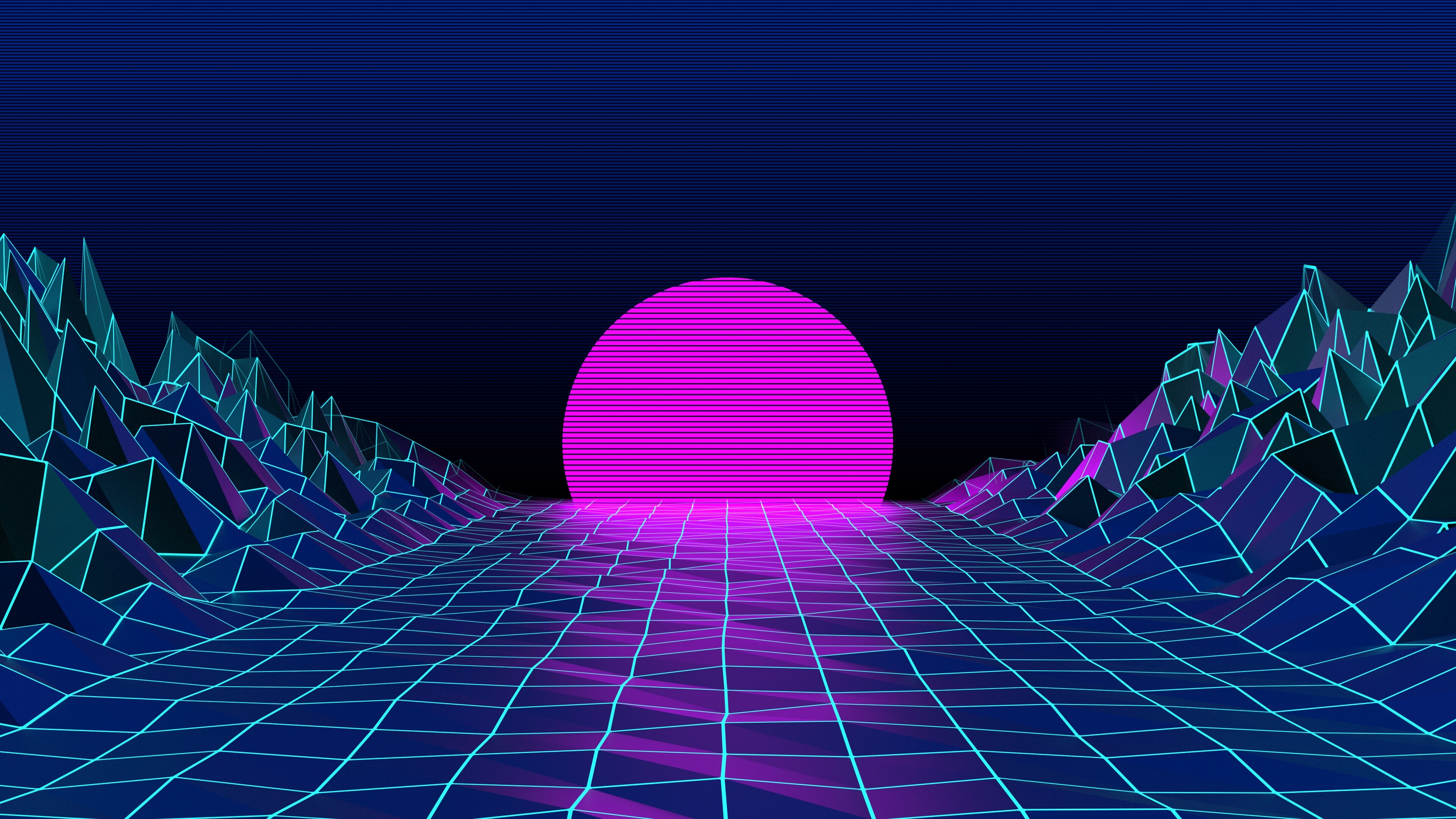 Geometry: Polyhedrons, Three-dimensional space, Neon grid, Parallel lines. 3840x2160 4K Background.