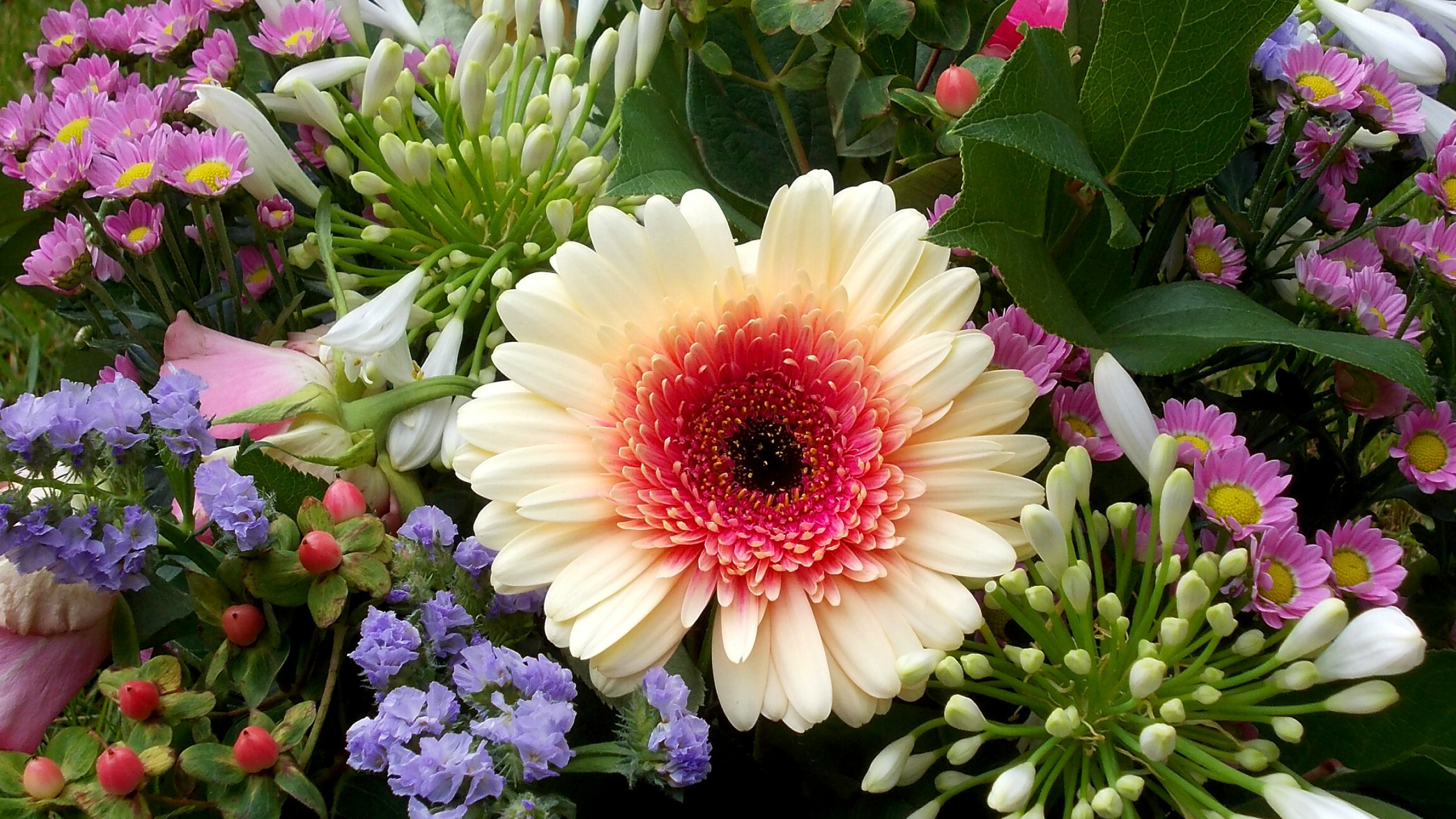Flower Bouquet: Floristry, Spring flowers, Terrestrial plant. 2560x1440 HD Background.