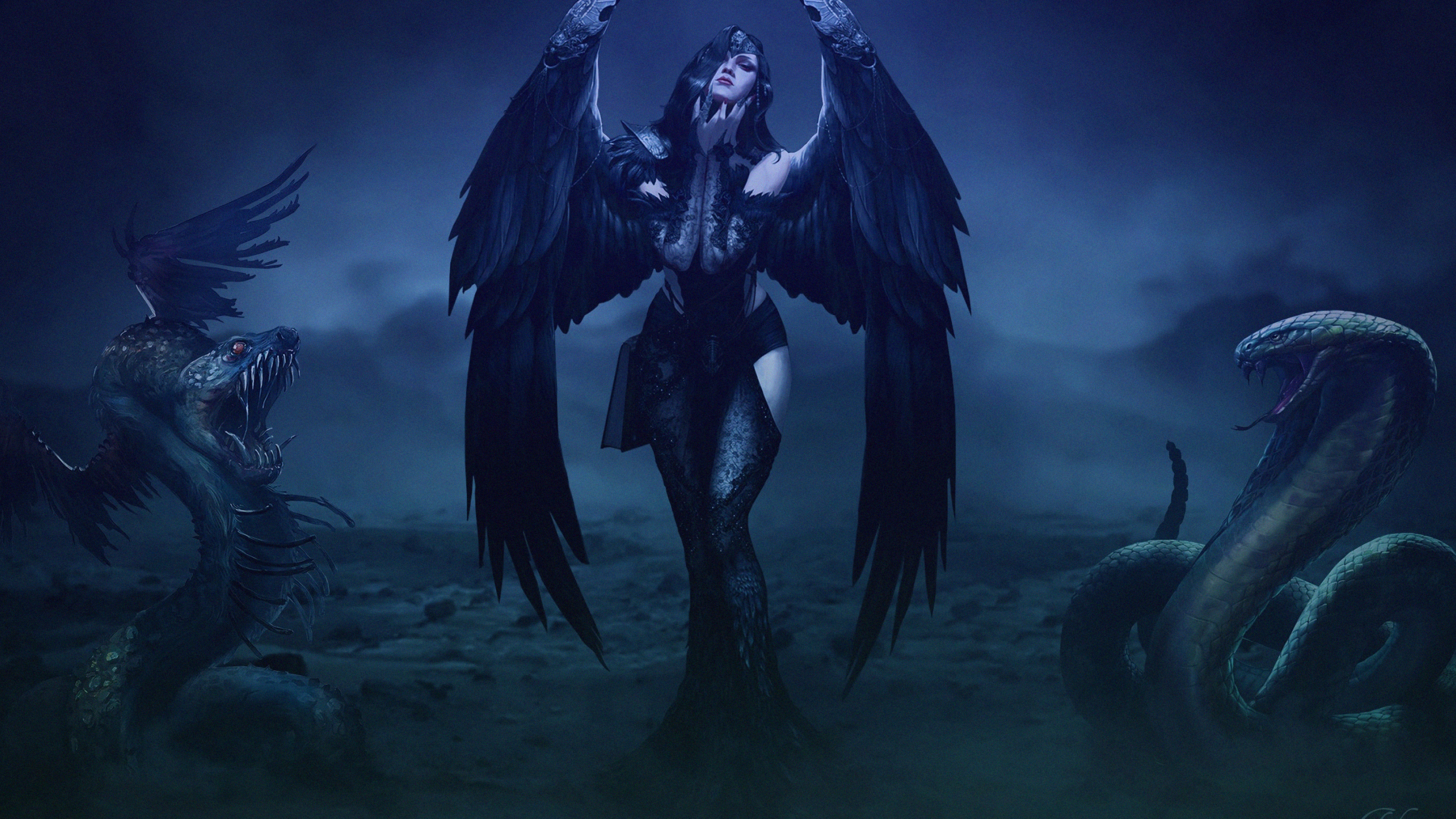 Gothic Art: Fallen angel, Winged serpent, Supernatural creatures, Mystic, Darkness. 3840x2160 4K Background.