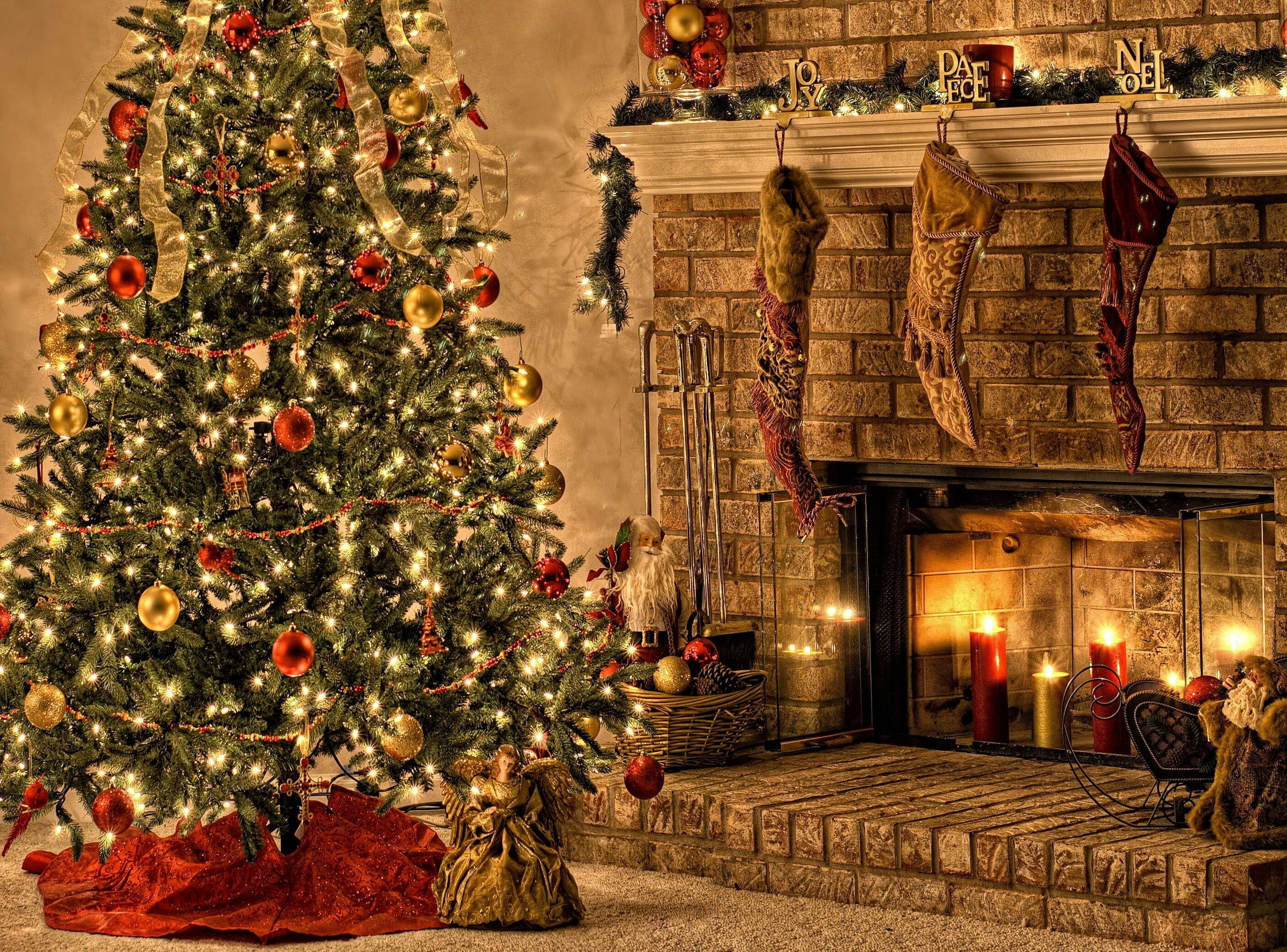 Christmas Fireplace: Holiday ornament, Evergreen, Candles. 2810x2080 HD Background.