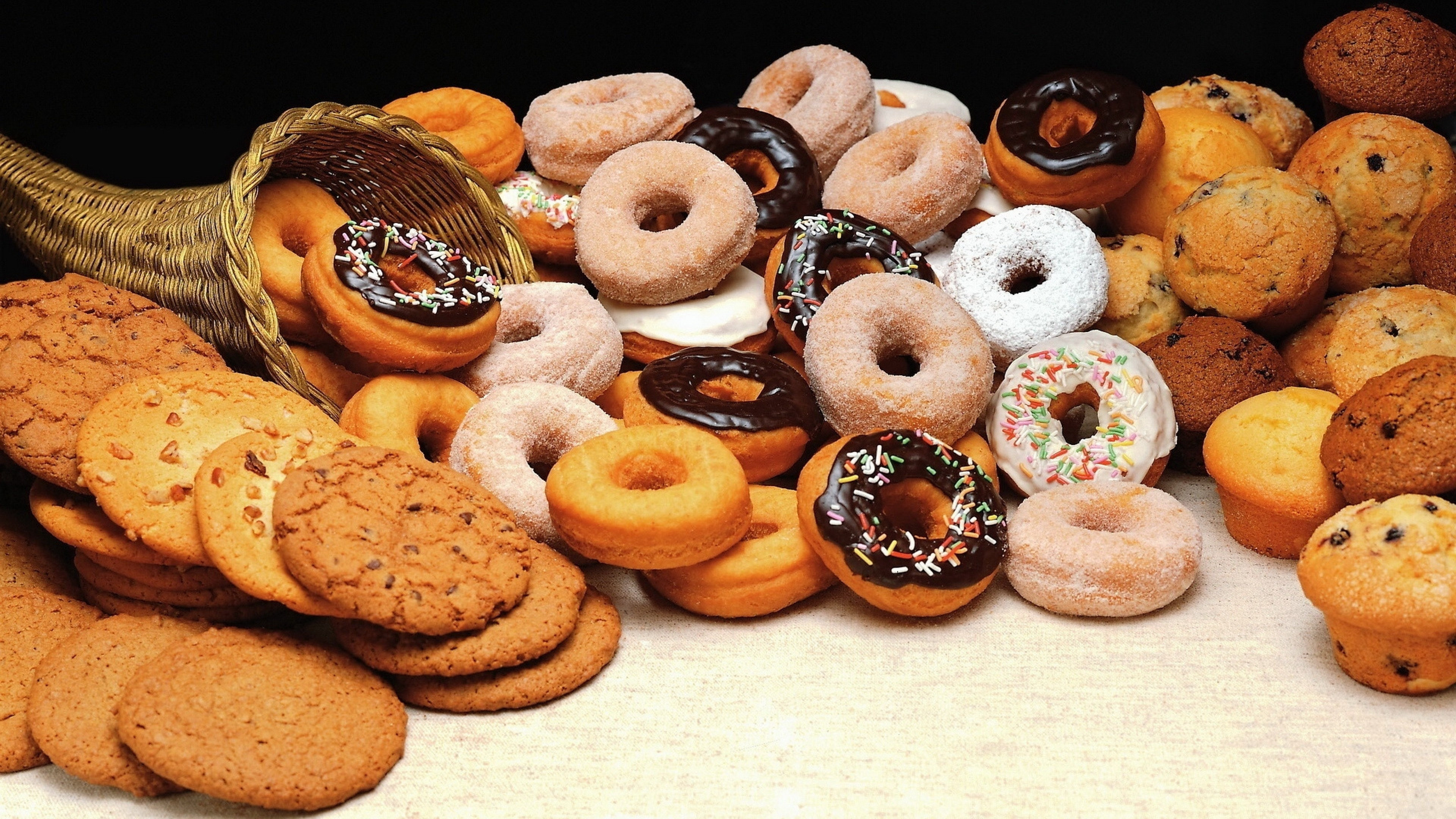 Donut: Doughnuts, Cookies, Pastry, Rainbow sprinkles. 3840x2160 4K Background.