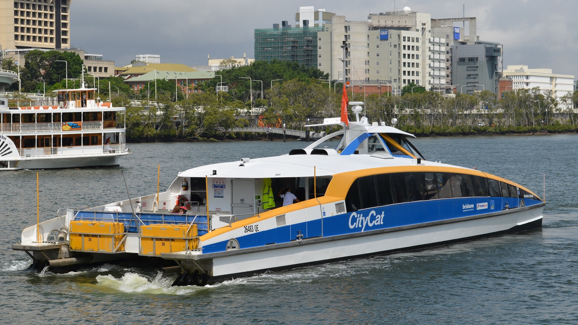 Ferry: A watercraft used to provide public transport. 1920x1080 Full HD Background.