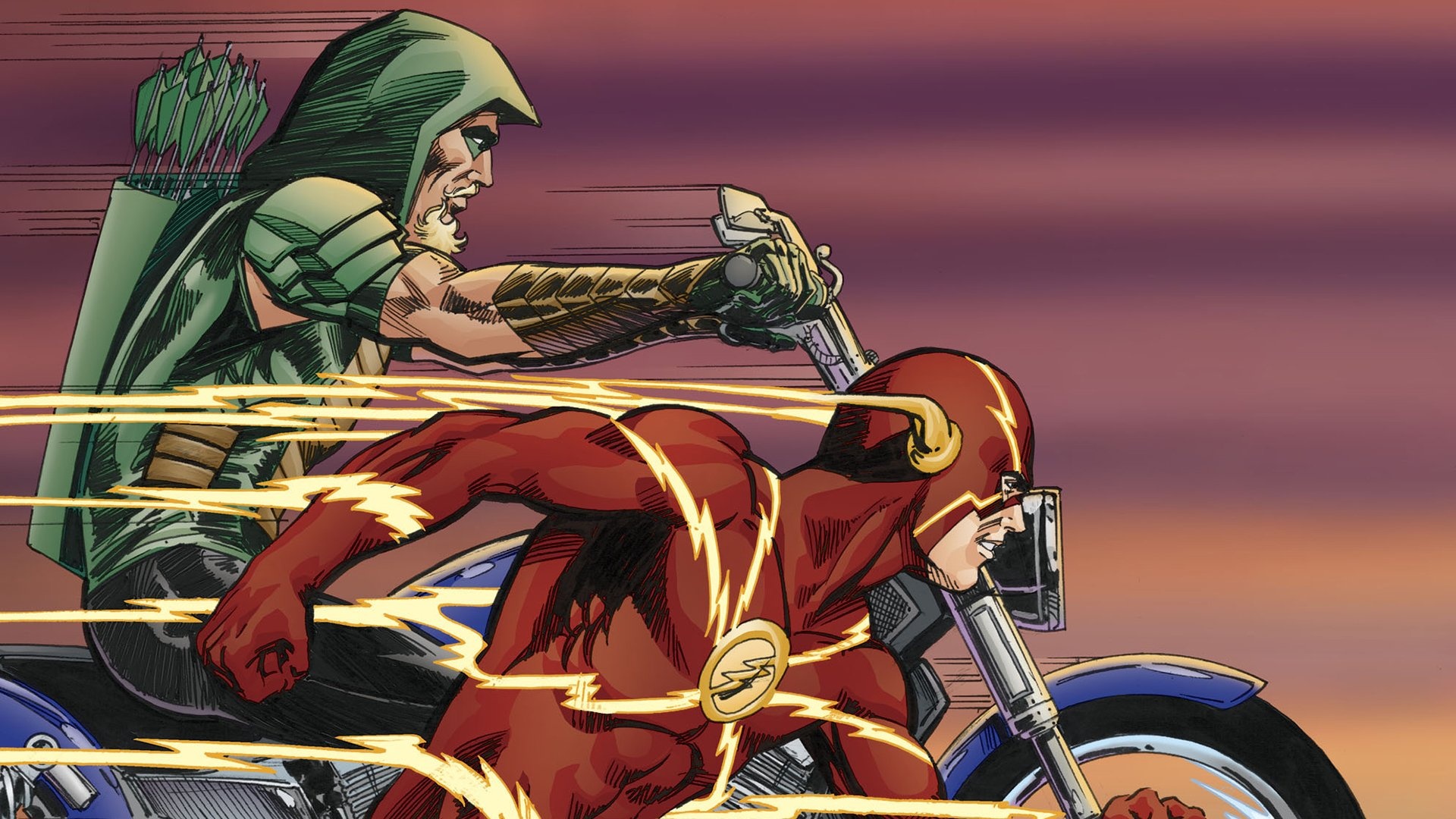 Green Arrow and Flash: Costumed superheroes crime-fighters, Barry Allen, Oliver Queen. 1920x1080 Full HD Wallpaper.