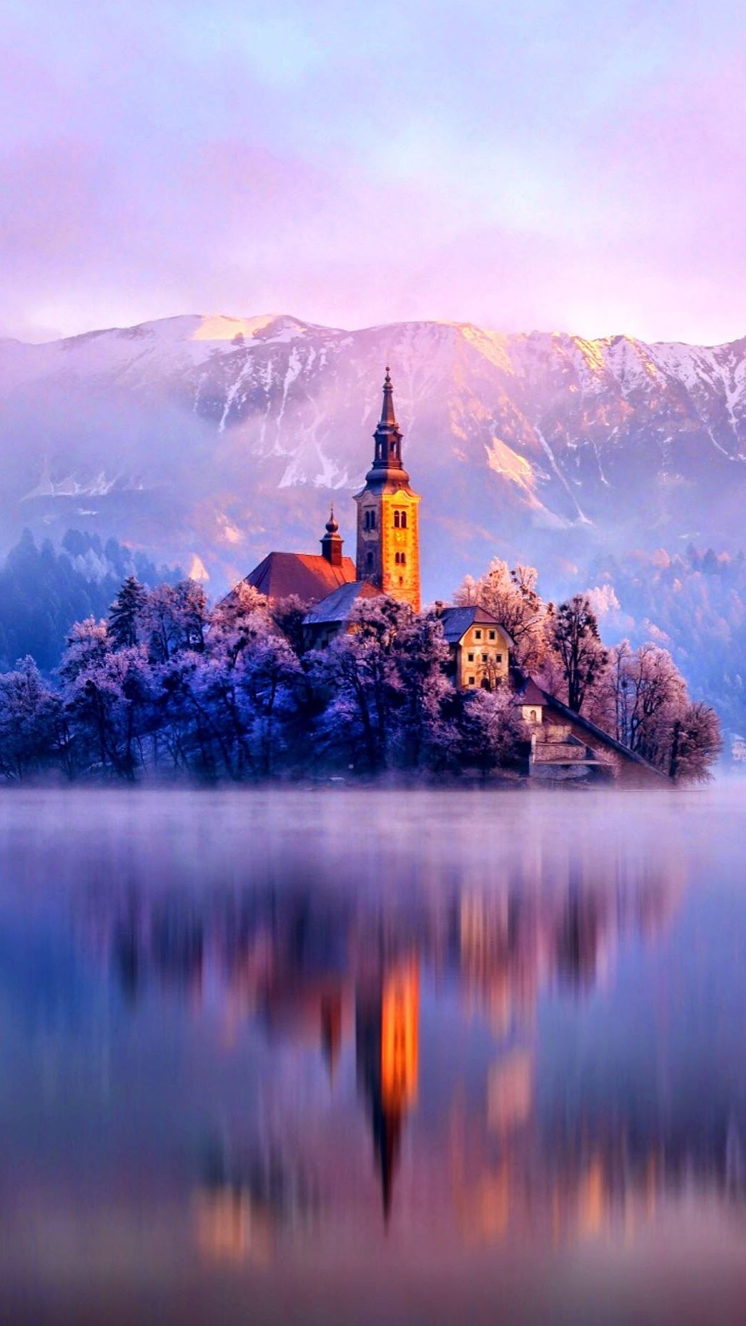 Lake Bled, Monastery fortress, Winter landscape, Slovenia's beauty, 1080x1920 Full HD Phone