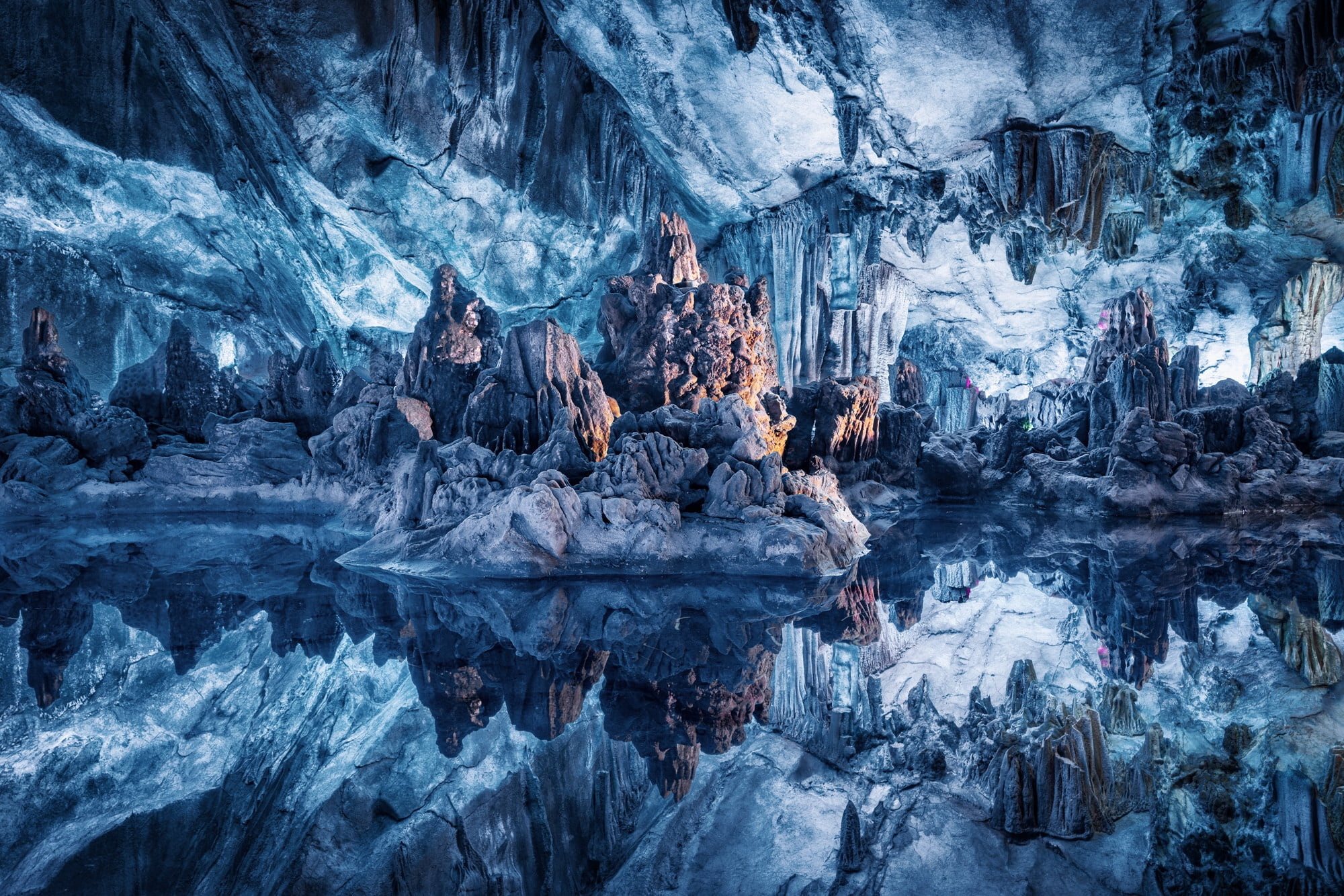 Black and gray ice caves, Dark metal tool, Crystal blue water, Nature's stunning contrast, 2000x1340 HD Desktop