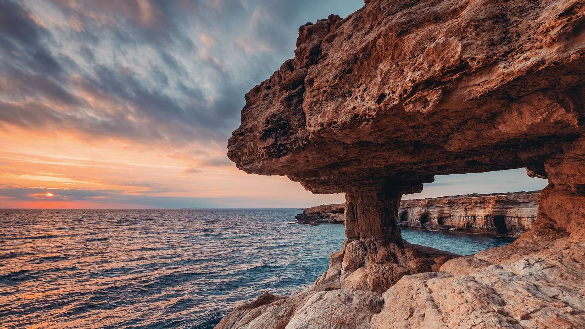 Cape Capo Greco coast, Caves at sunset, Ayia Napa Cyprus, Windows 10 spotlight, 1920x1080 Full HD Desktop