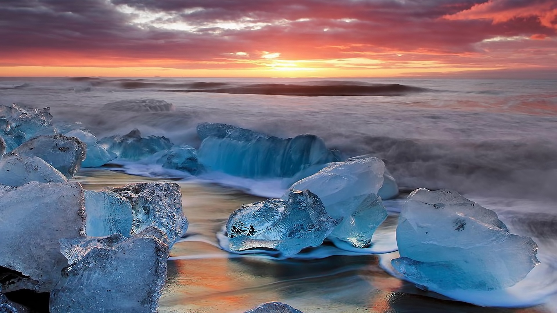 Arctic Ocean, Beach sunset, Sea ice, Iceland, 1920x1080 Full HD Desktop