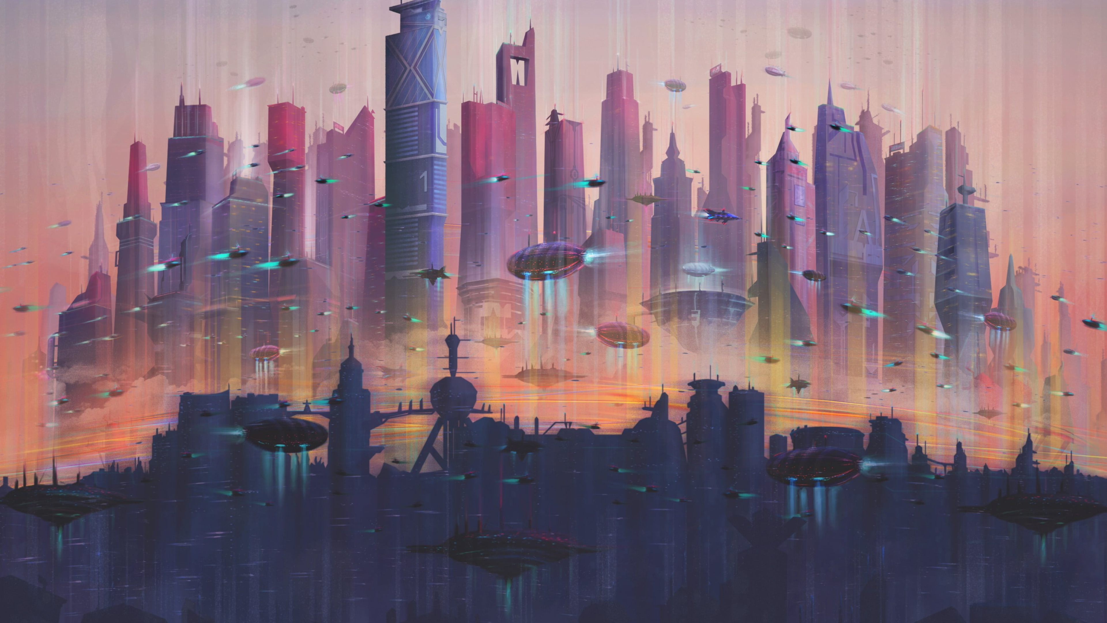 Futuristic City Skyline, Painting of city skyline, Futuristic cityscape, Video games, 3840x2160 4K Desktop