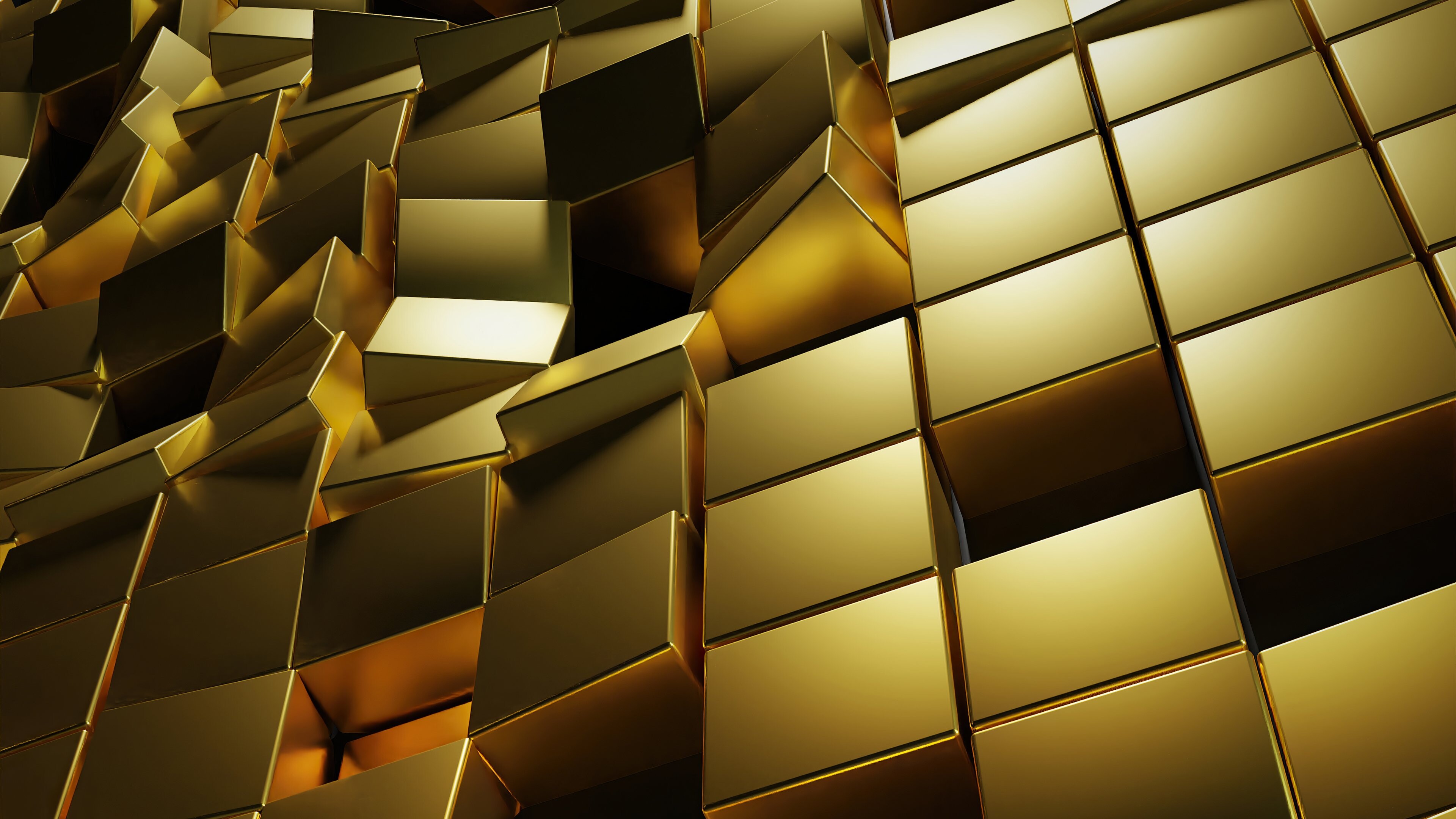 Gold: Pile of gold bars, Symmetry, Money storage, Rectangular blocks, Geometric shapes. 3840x2160 4K Background.