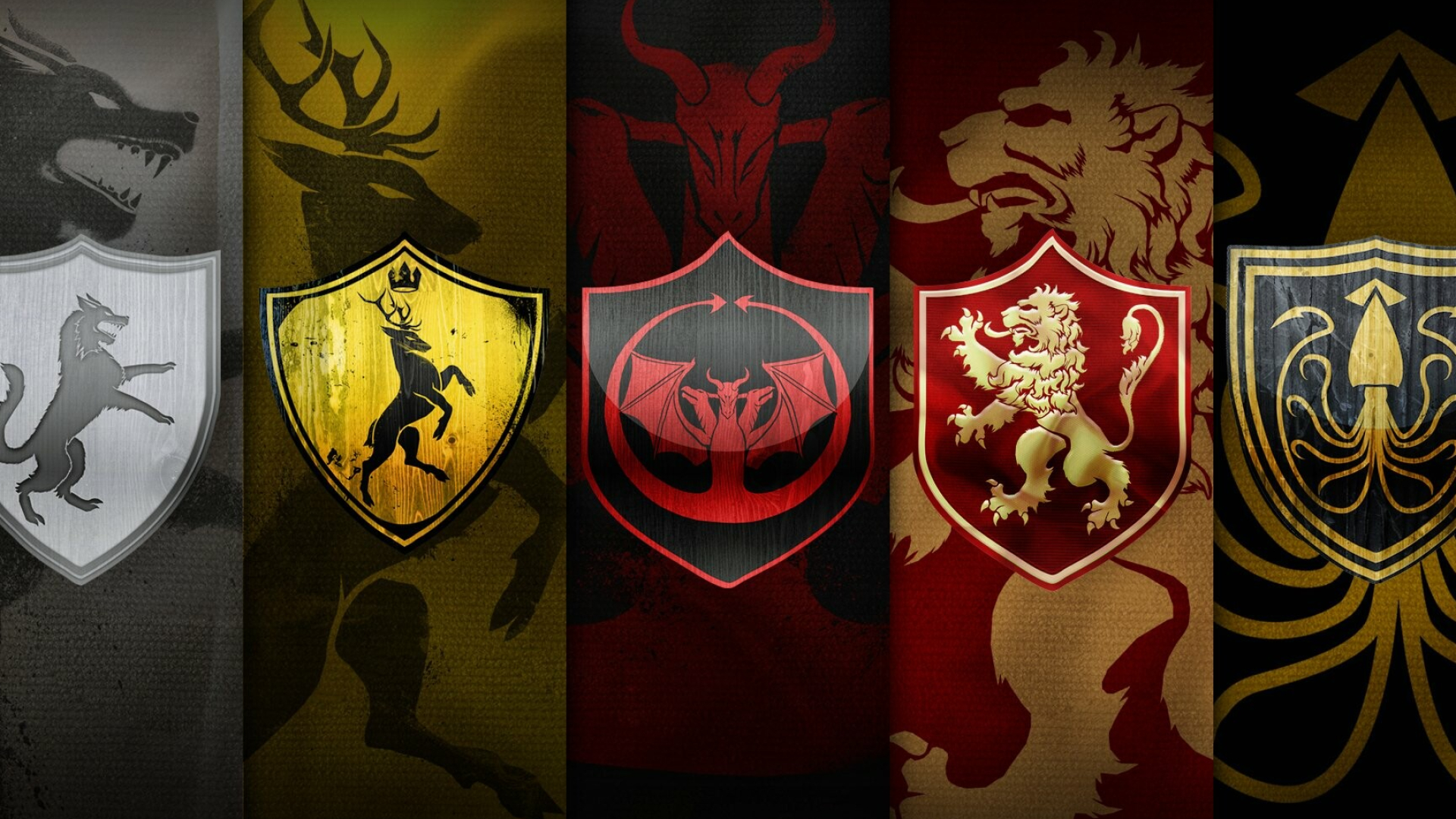 Game of Thrones: House Stark, House Lannister, House Greyjoy, House Baratheon. 1920x1080 Full HD Wallpaper.