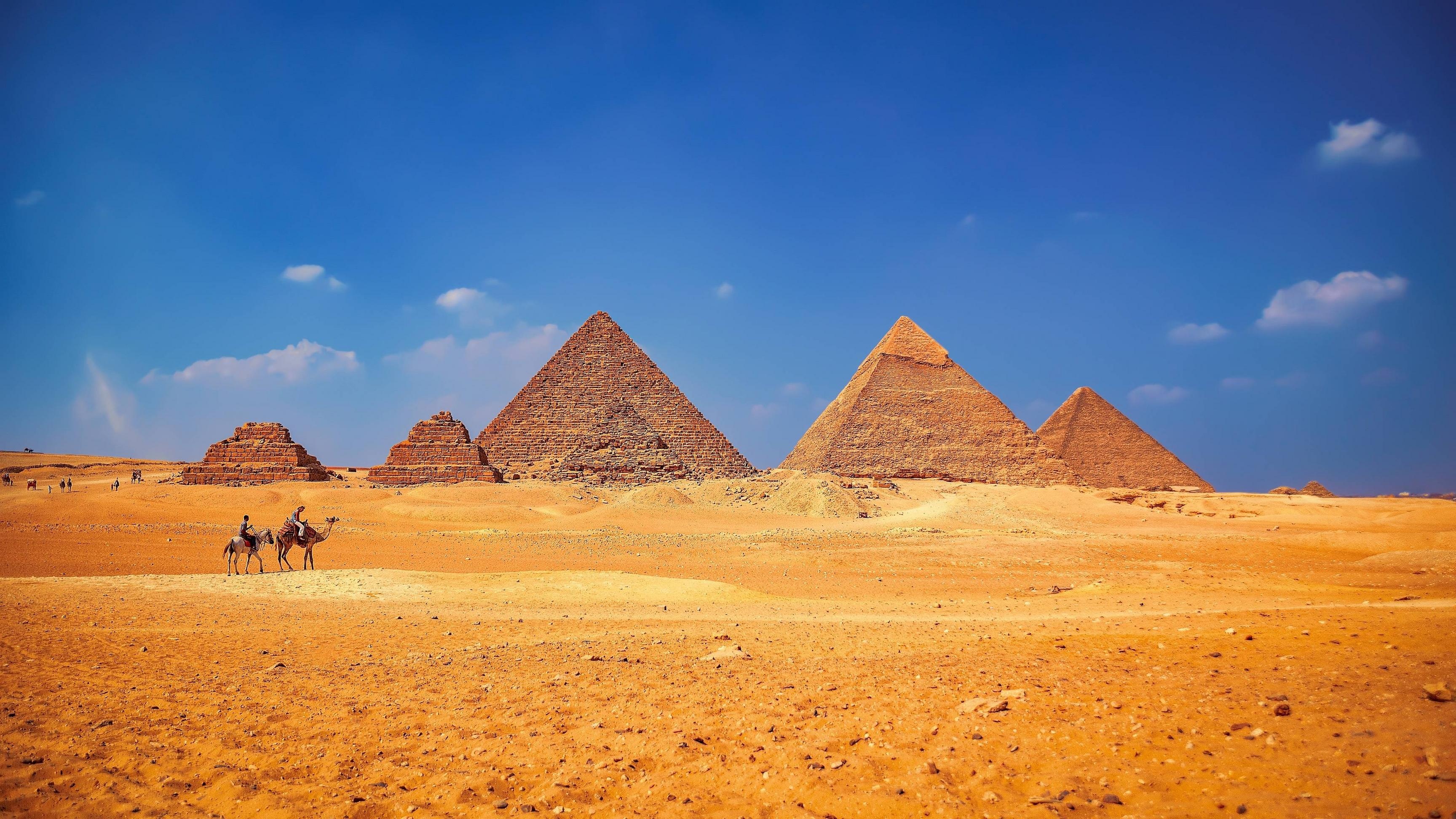 Pyramids of Giza, Egyptian wonders, Historical legacy, Architectural masterpieces, 3460x1950 HD Desktop