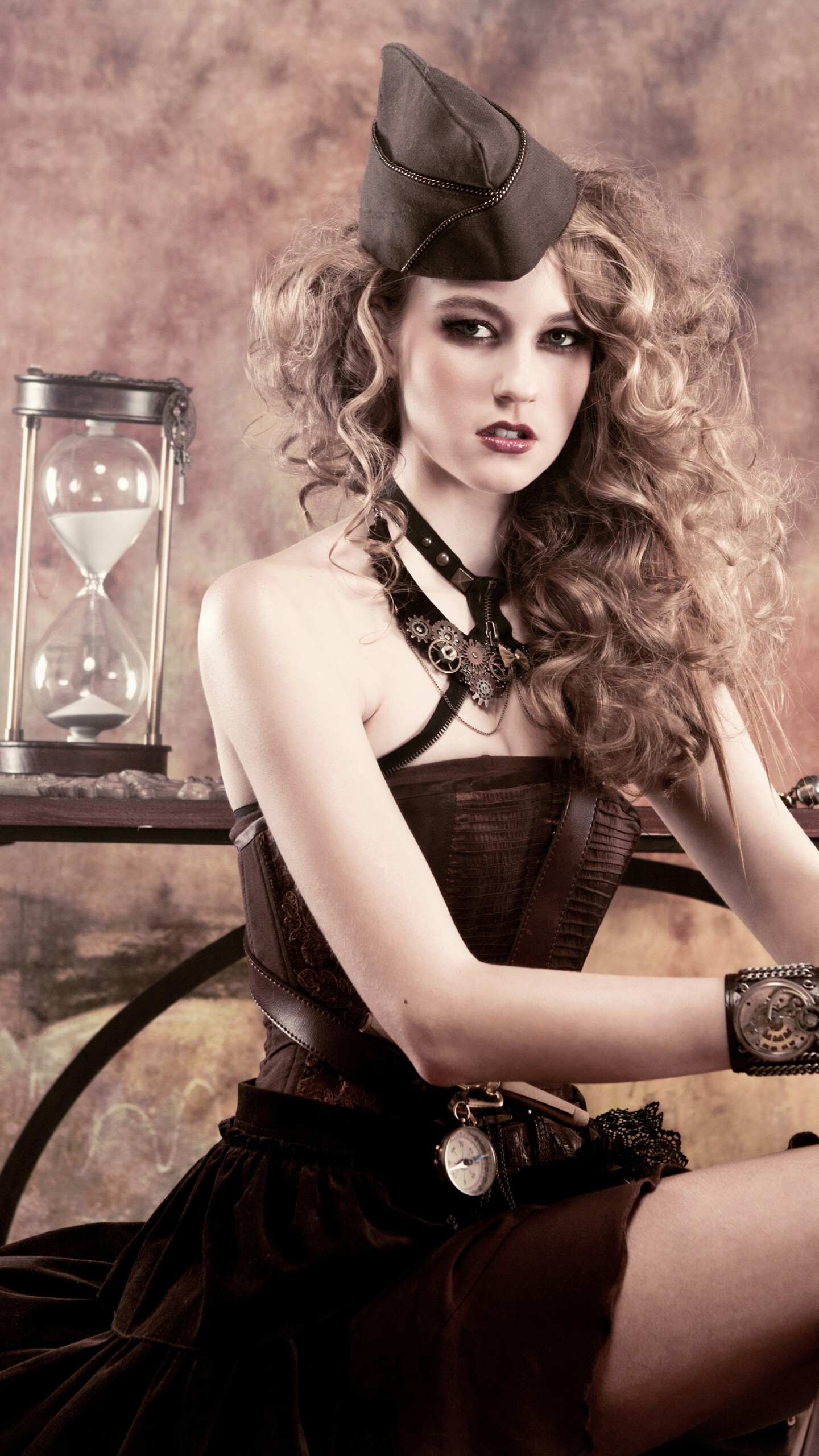 Fashion Model: Hazy Leather, Posing to display clothing, Commercial modeling, Steampunk style. 1440x2560 HD Wallpaper.