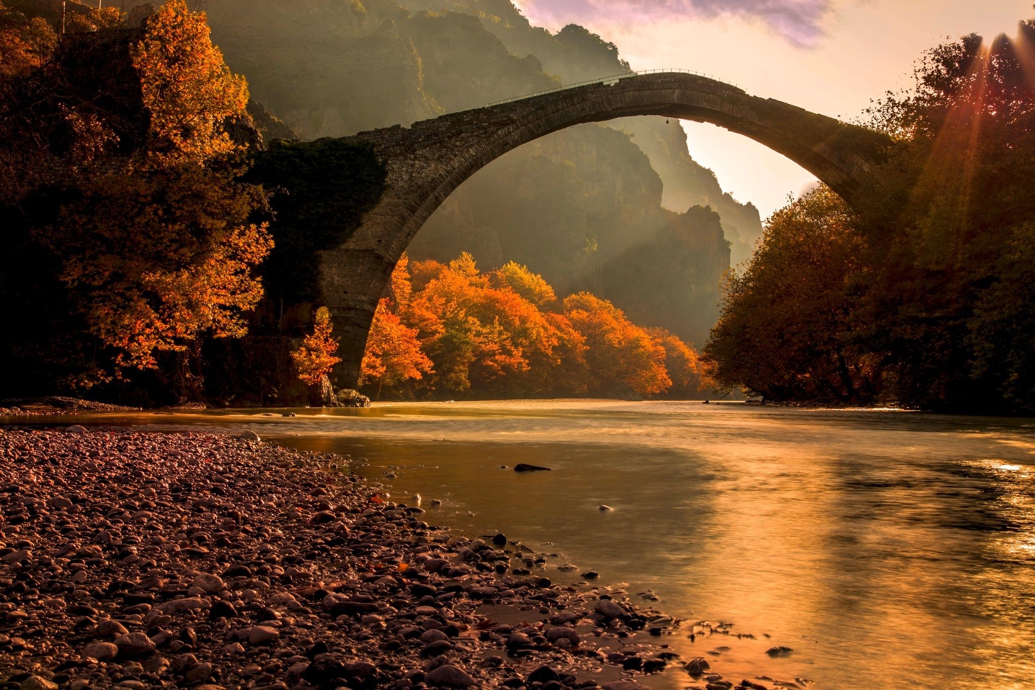 Riverside travels, Bridge sunrise fall, Sunbeams riverside mountains, Greece golden day, 2050x1370 HD Desktop