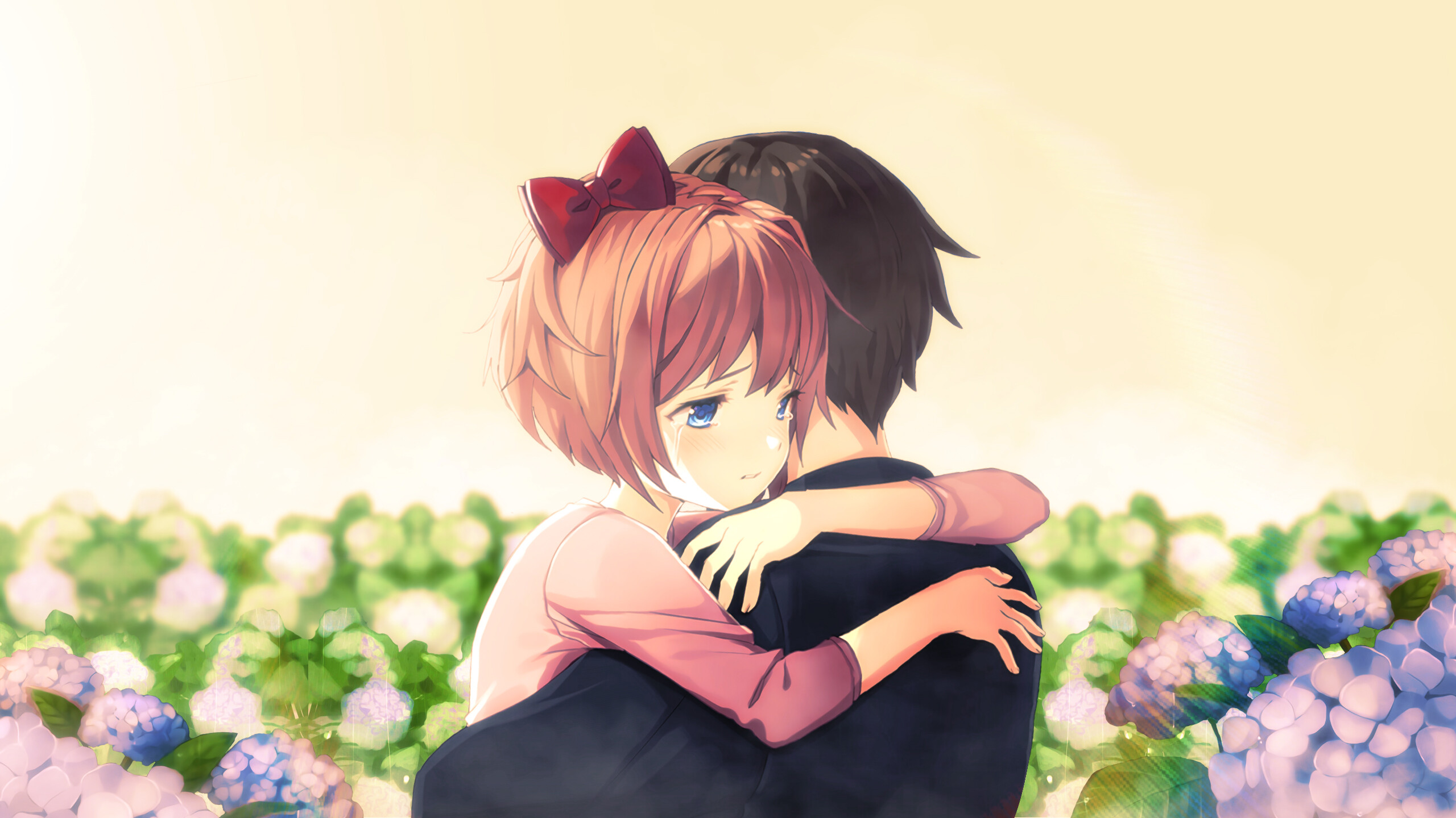 Anime couple hug, Cute and cuddly, Vibrant artwork, Emotional connection, 2560x1440 HD Desktop