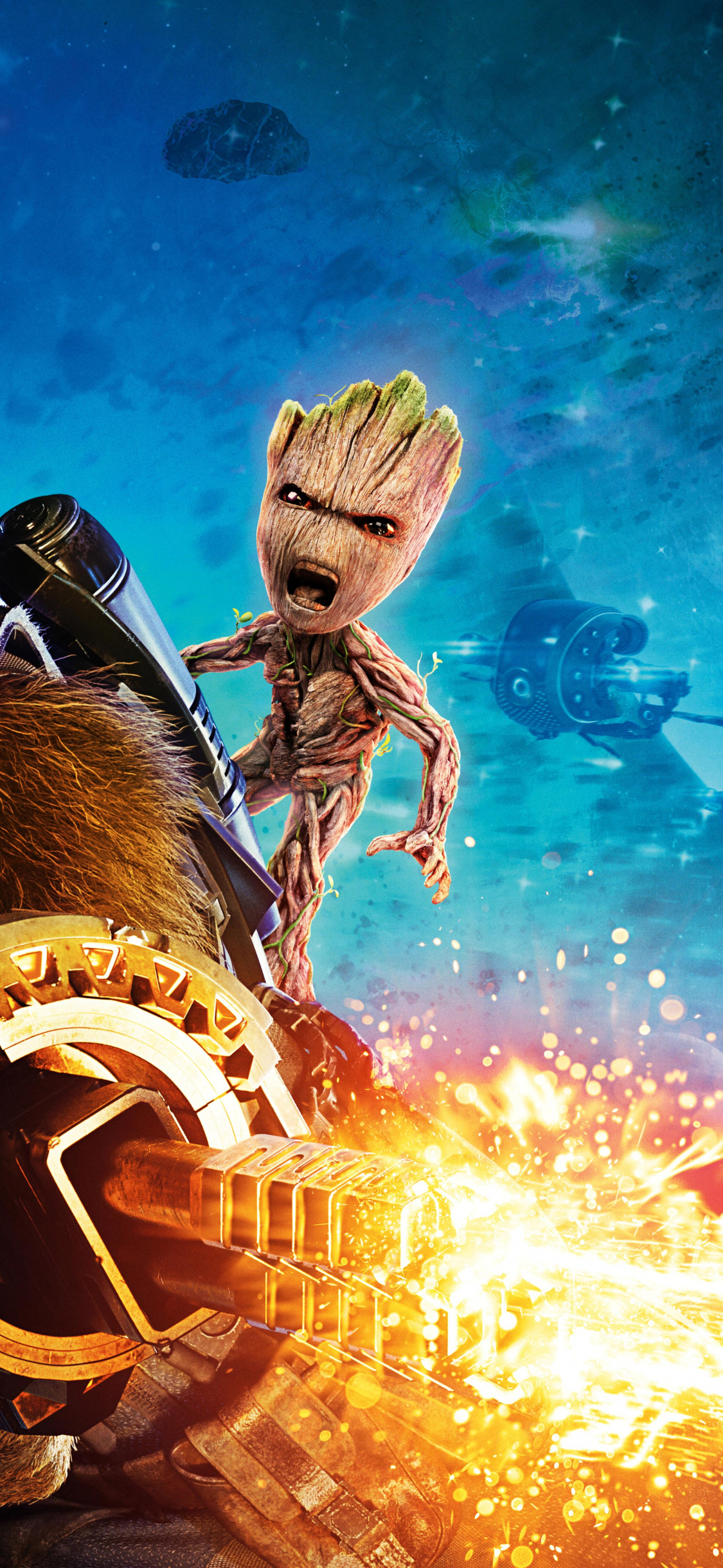 Baby Groot and Rocket Raccoon, Guardians of the Galaxy, 4K quality, Epic battle, 1130x2440 HD Handy