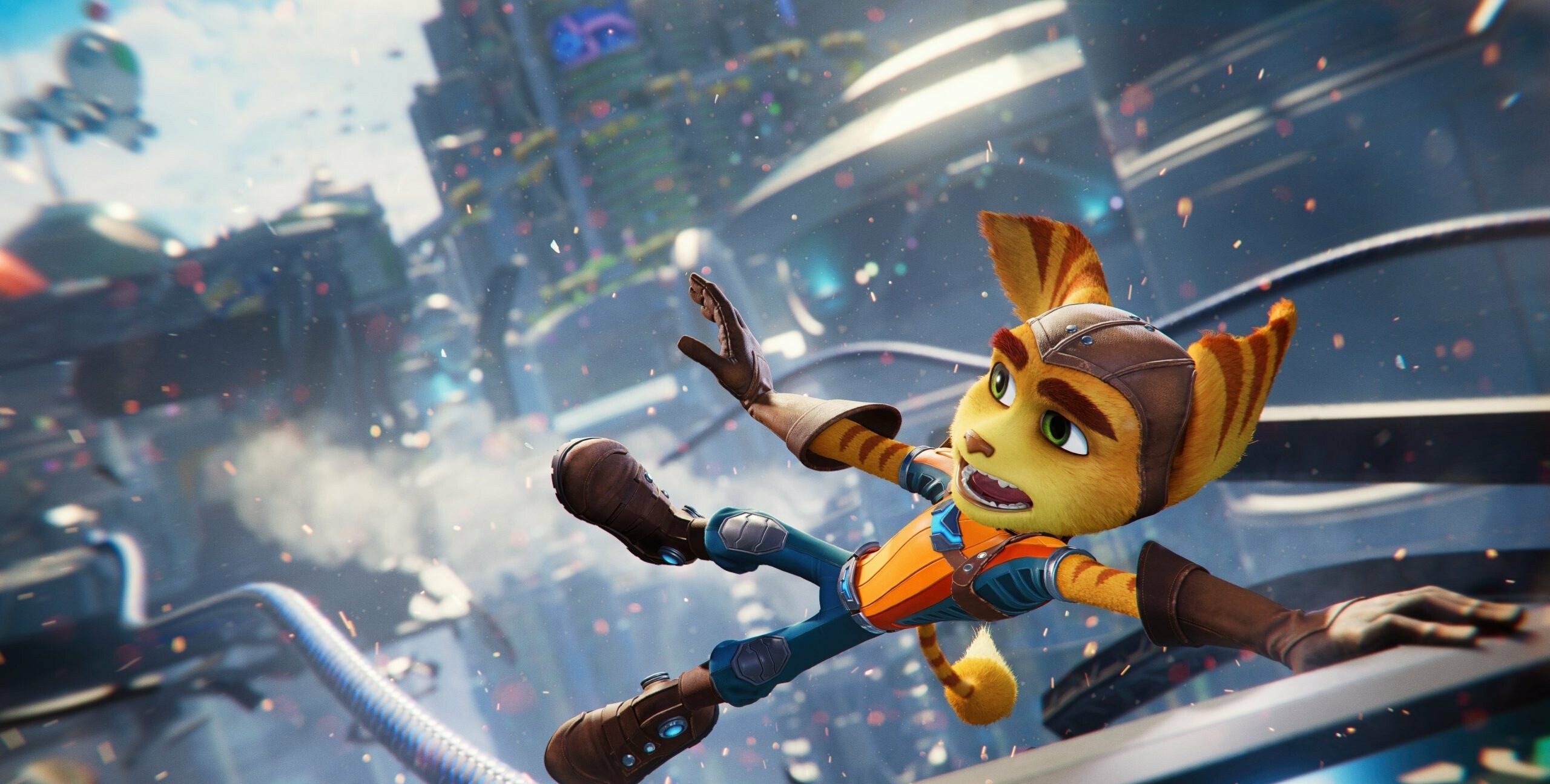 Ratchet and Clank: Rift Apart: An anthropomorphic character known as a Lombax, His first appearance was on Planet Veldin. 2560x1300 HD Wallpaper.