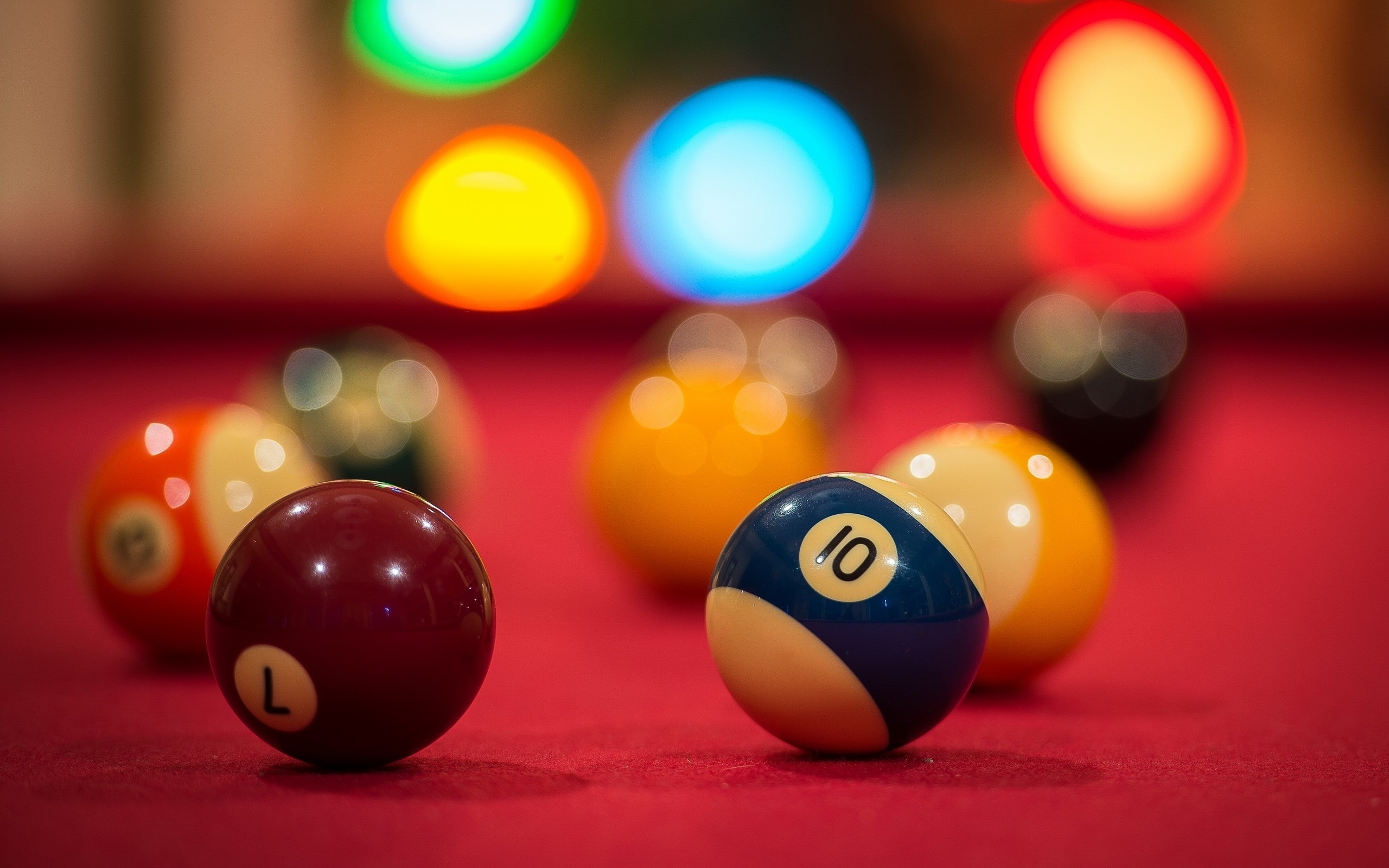 Billiards: Object balls - fifteen solid balls of a different color used mostly in the Eight-ball style of cue sports. 2560x1600 HD Background.