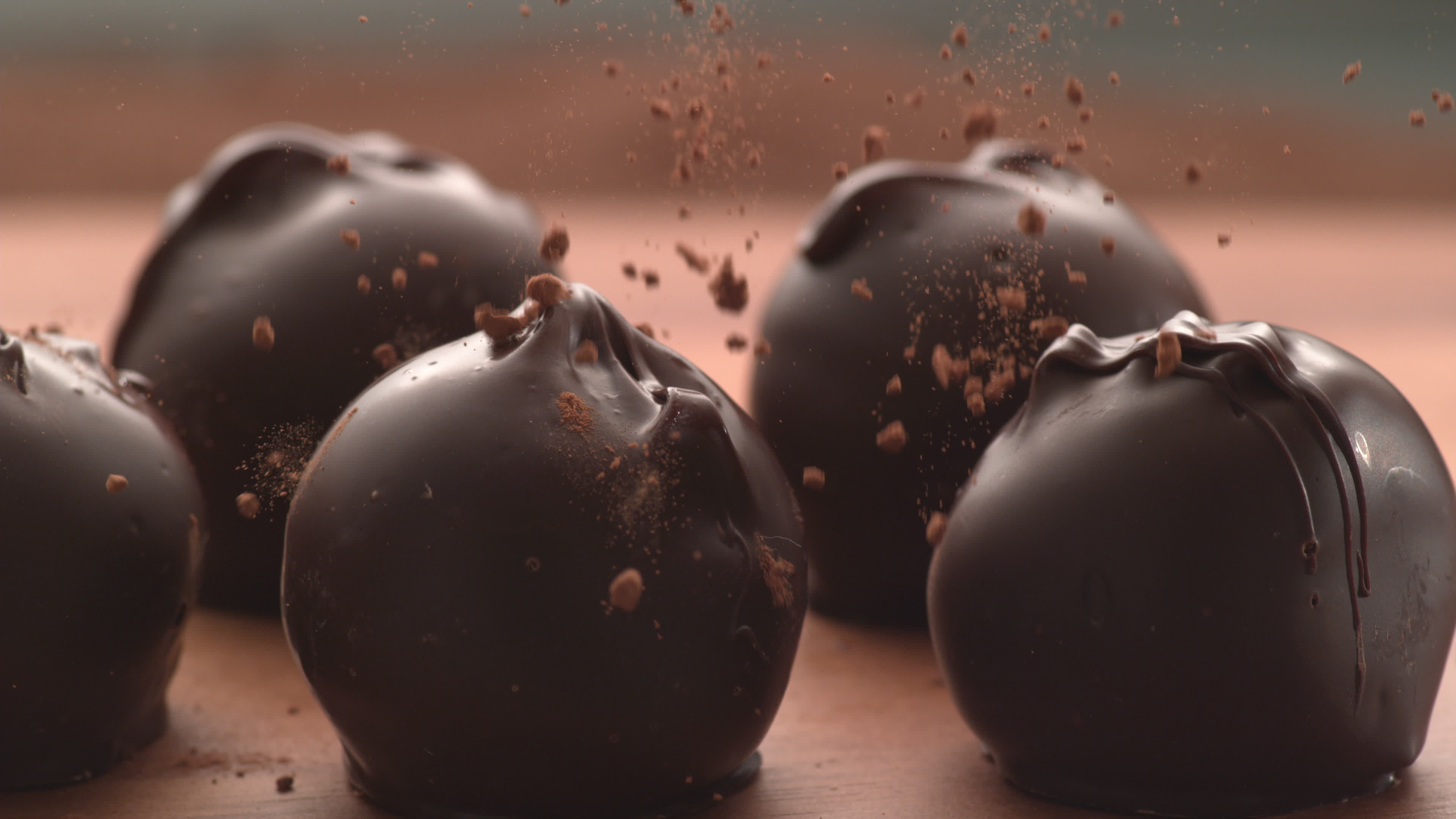 Chocolate powder falling, Truffles dessert, Slow motion shot, Delicious treat, 3840x2160 4K Desktop