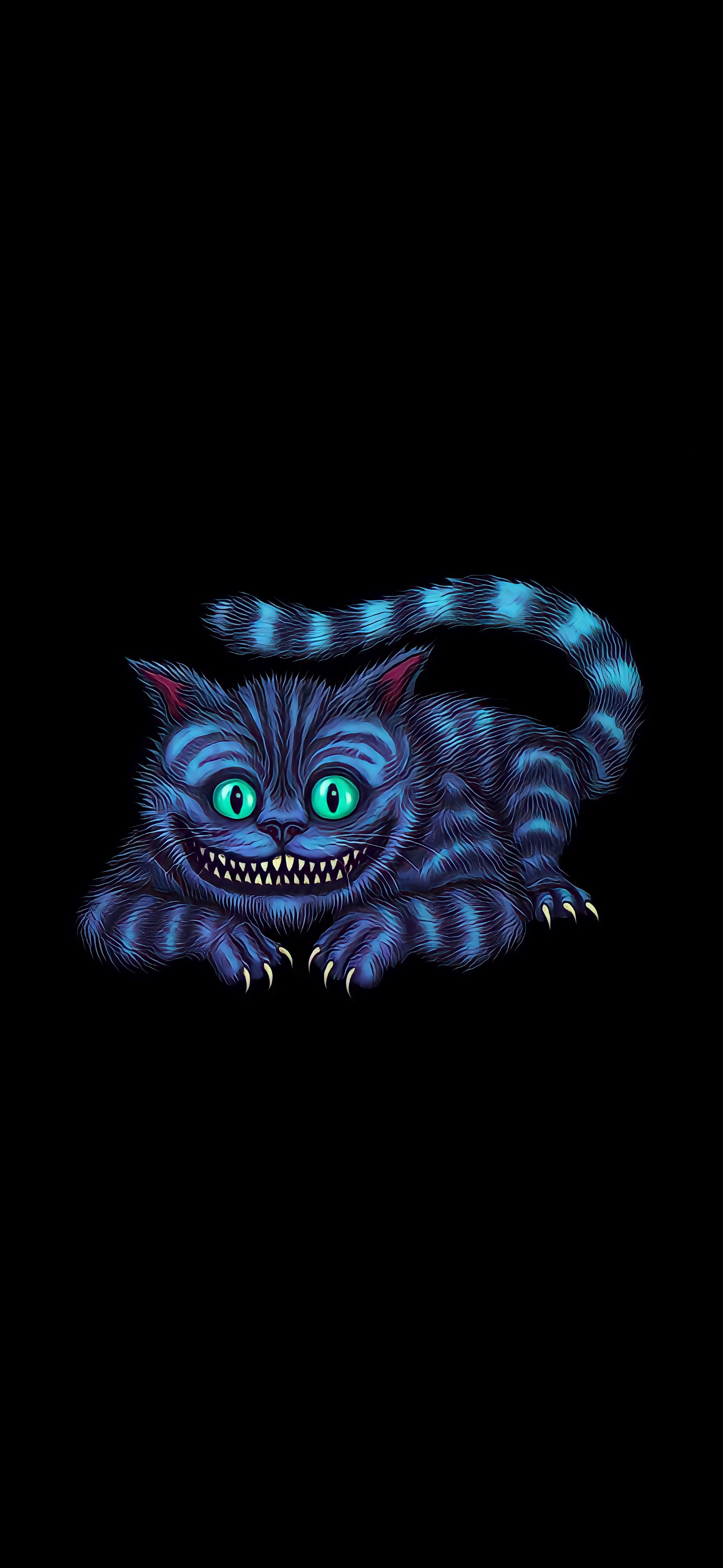 Cheshire Cat: A fictional character, notable for its broad grin and its ability to disappear and reappear at will. 1440x3120 HD Background.