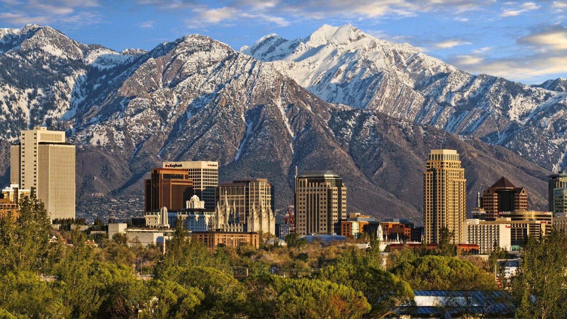 Salt Lake City Skyline, Urban metropolis, Mountain backdrop, Scenic beauty, 1920x1080 Full HD Desktop