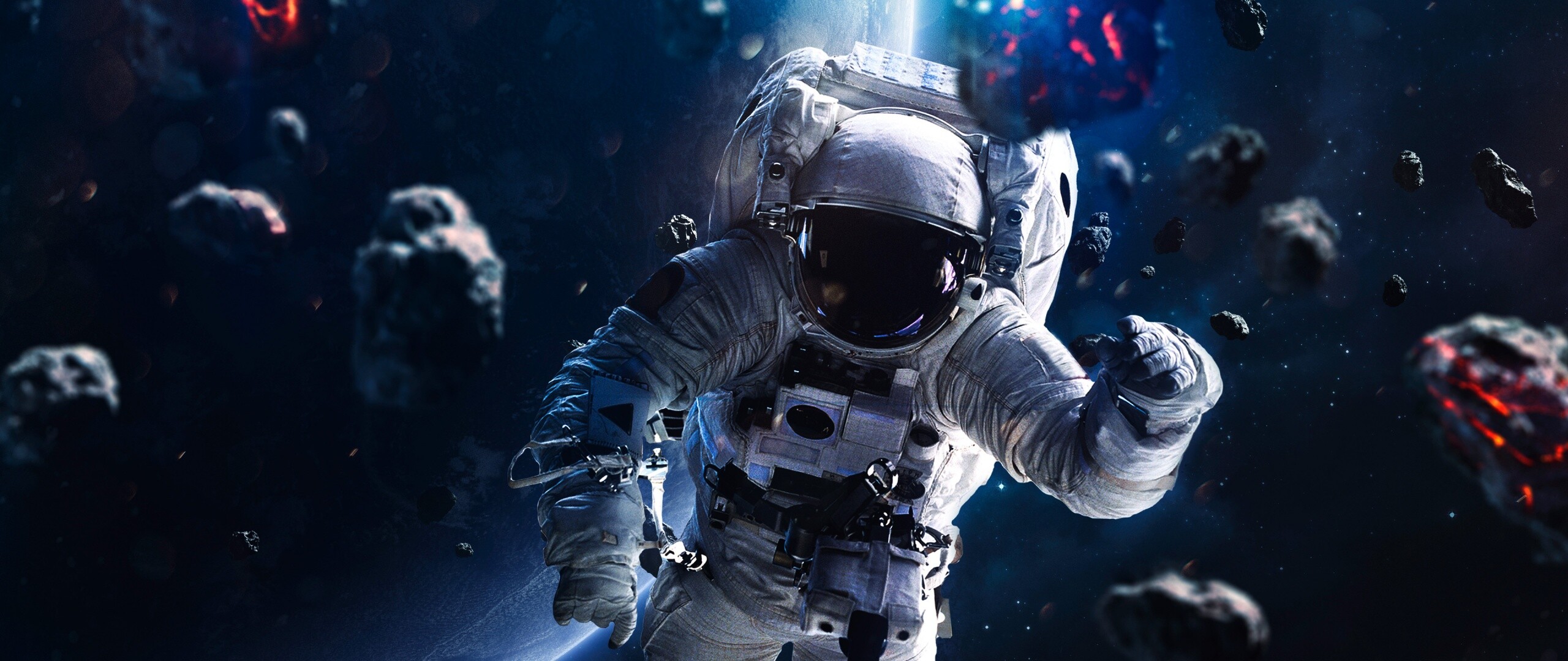 Astronaut: Asteroids, Blue planet, Space Travel, No Gravity, Spacewalk. 2560x1080 Dual Screen Background.