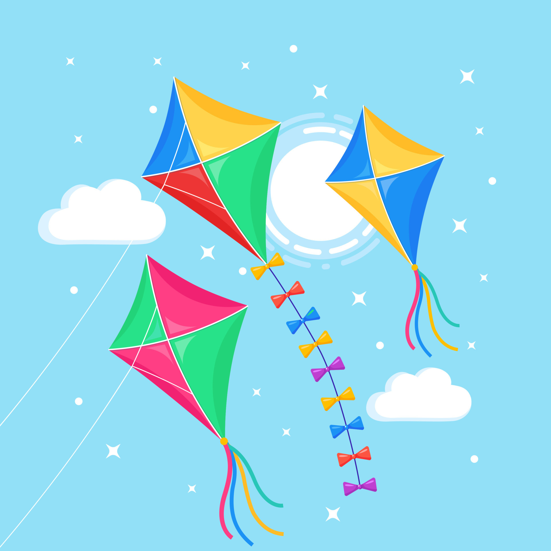 Kite Flying: Colorful kites in a blue sky, Summer activity for kids, Variety of kite design. 1920x1920 HD Background.