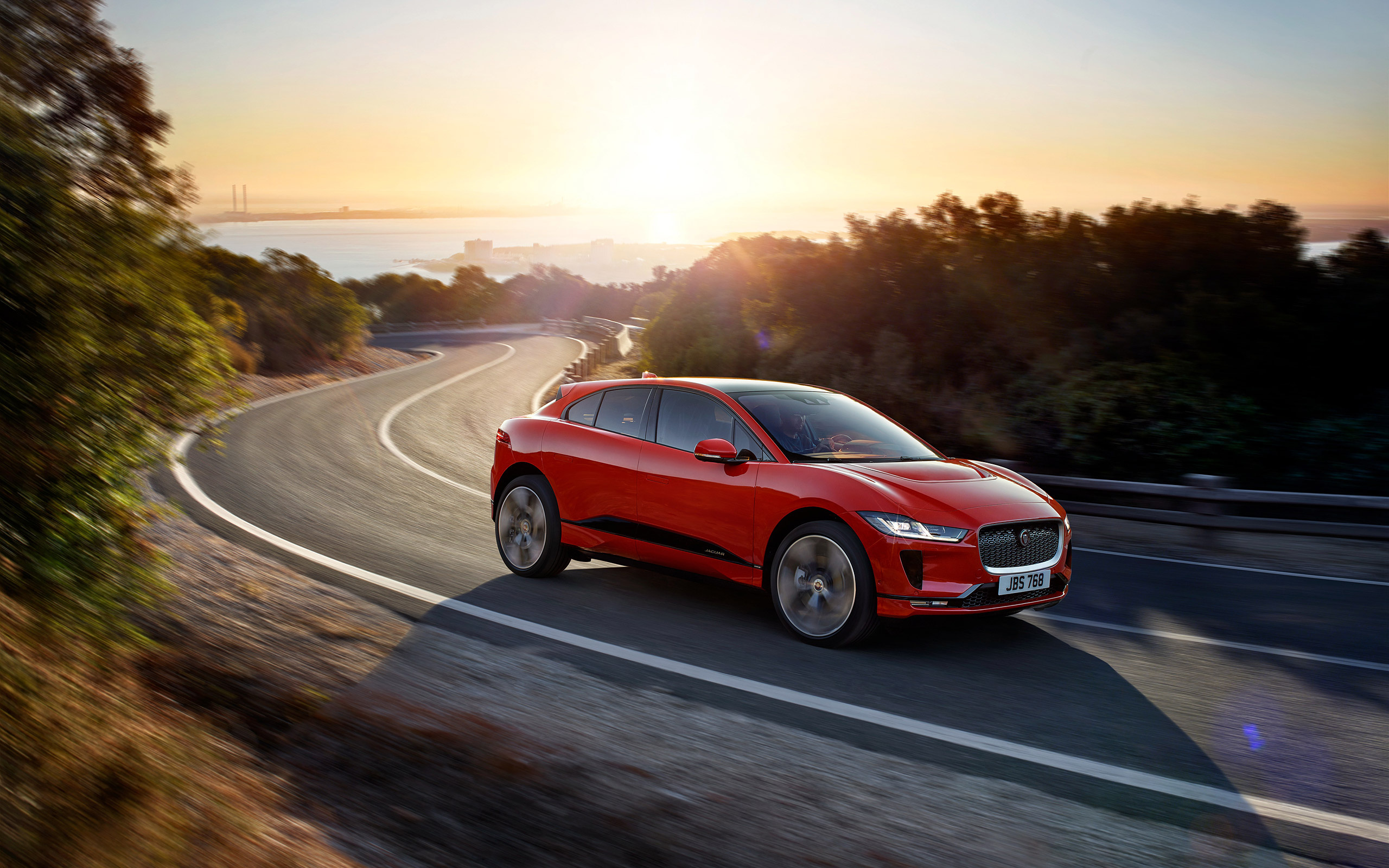Jaguar I-PACE, Striking red exterior, Elegant design, Breathtaking sunset backdrop, 2560x1600 HD Desktop