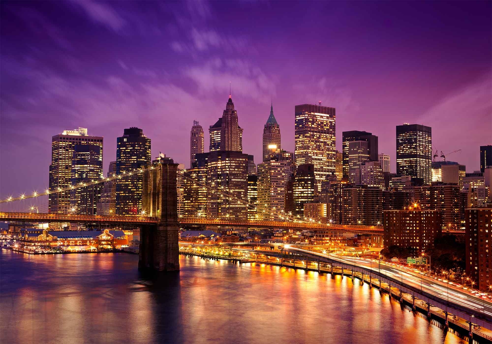 New York, Brooklyn Bridge, Night city background, NYC skyline, 2000x1400 HD Desktop