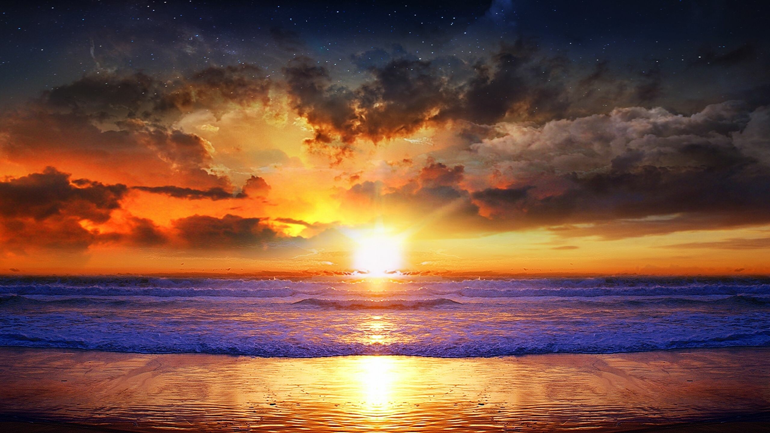 Sunrise: Sunup, Ascent of the sun above the horizon in the morning, Maritime scenery. 2560x1440 HD Wallpaper.