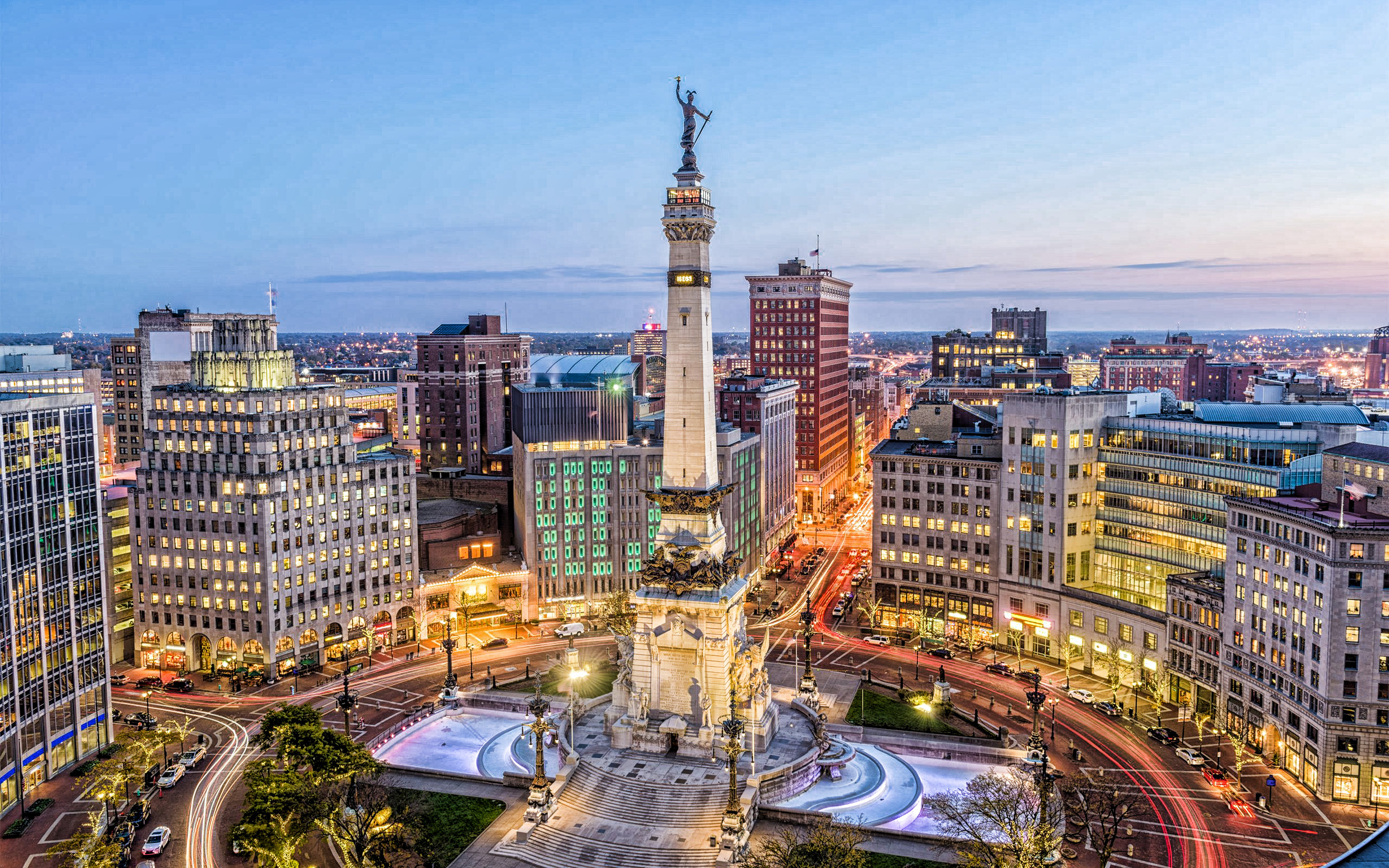 Indianapolis Sunset, Indiana State Soldiers and Sailors Monument, Circle Evening, Skyline, 2880x1800 HD Desktop