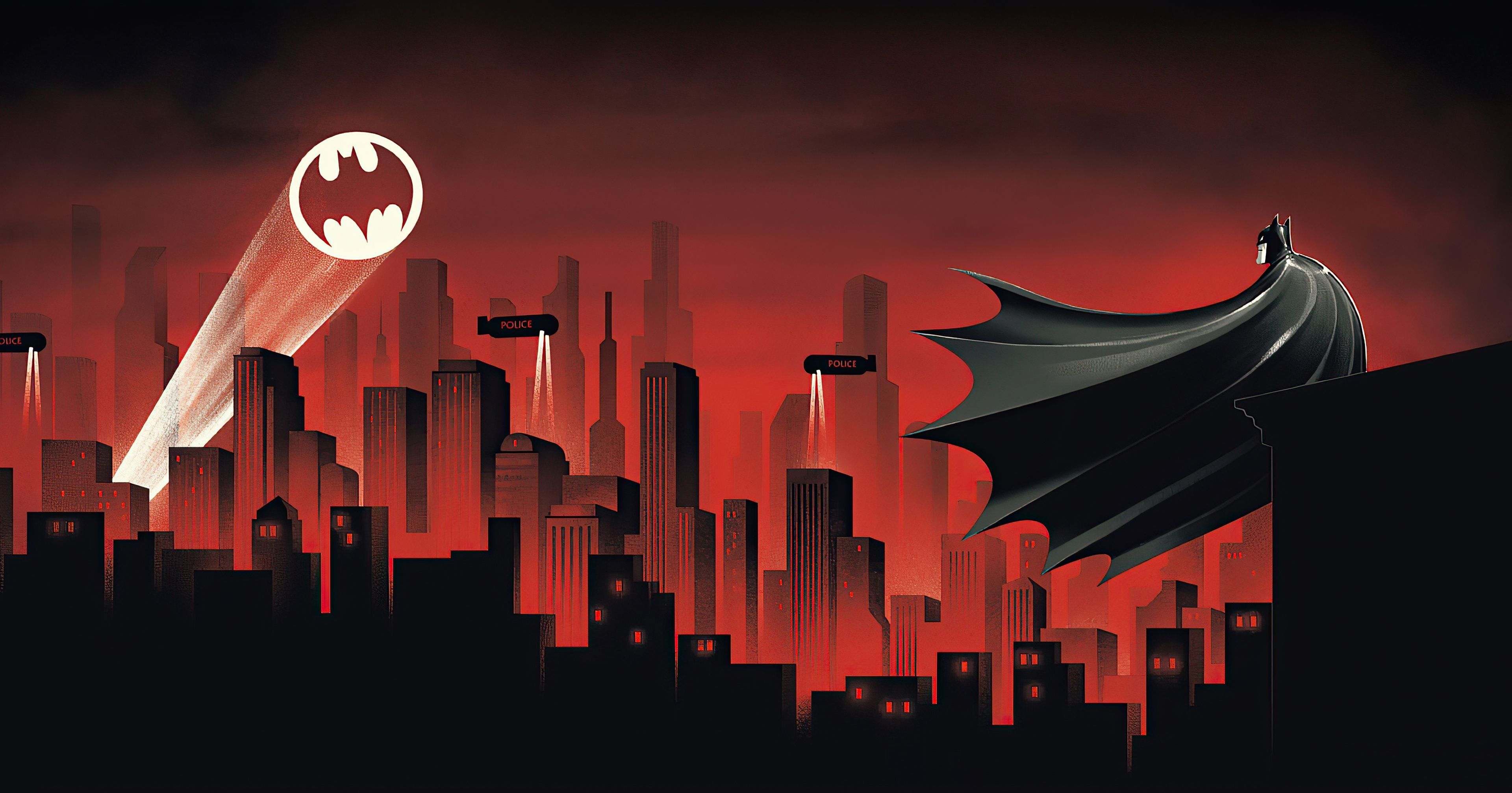 Gotham Skyline, Bat Signal, Dusk Atmosphere, DC Universe, Batman, 3840x2020 HD Desktop