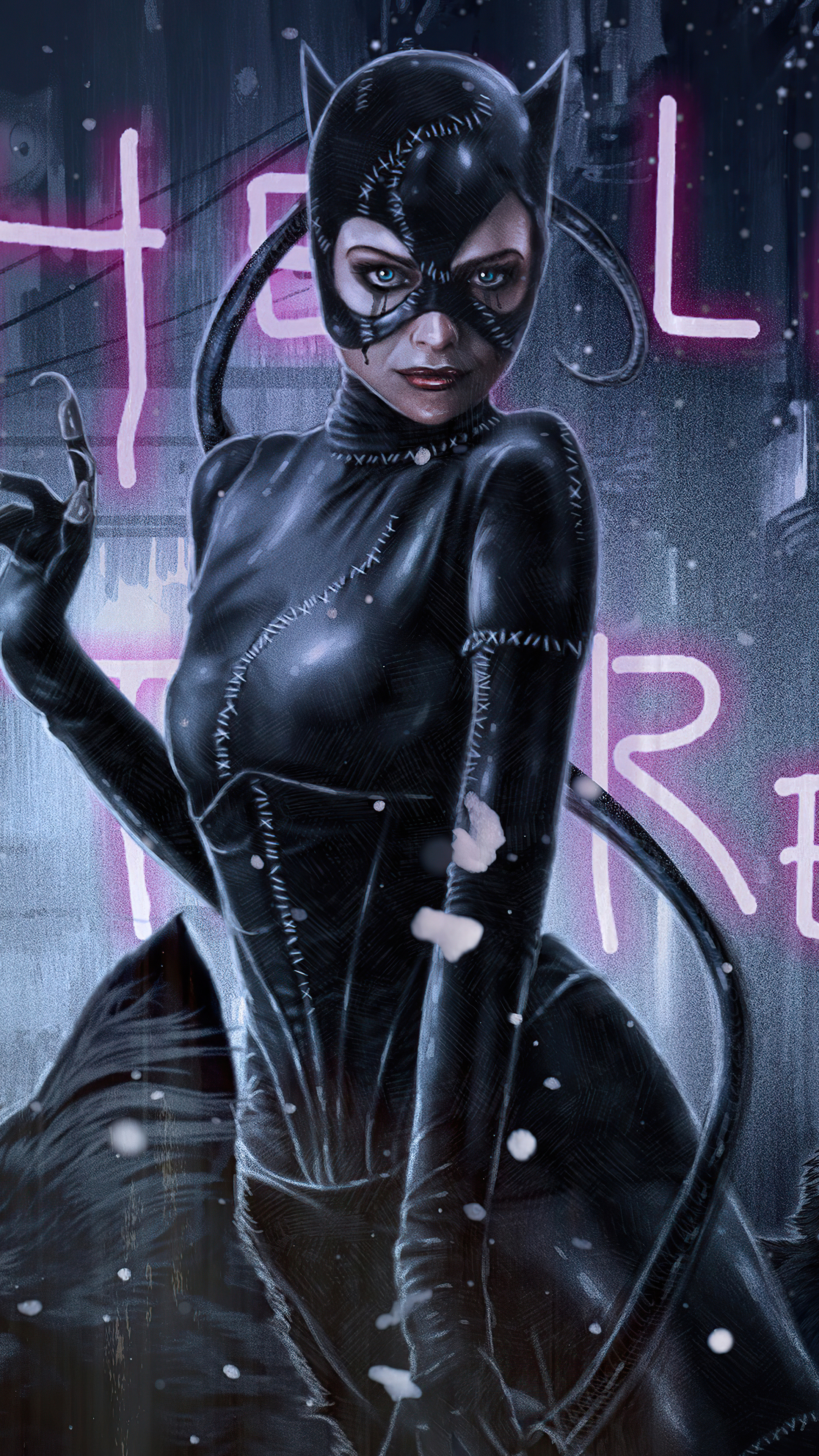 Catwoman: Batman Returns, A 1992 American superhero film directed by Tim Burton, Michelle Pfeiffer. 2160x3840 4K Background.
