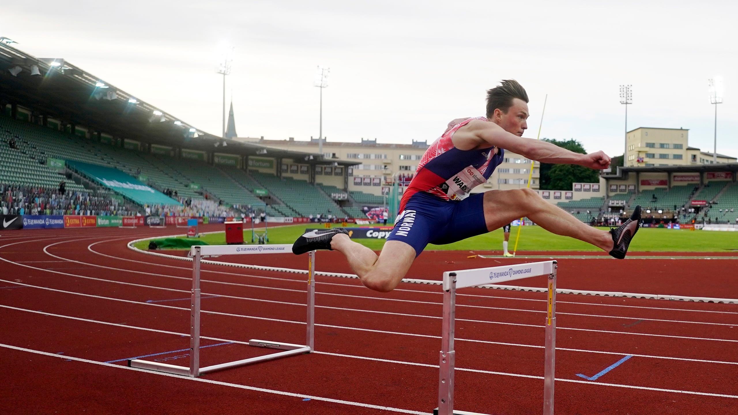 Hurdling: 2020 Summer Olympics Champion, Karston Warholm, 300 m hurdles world record, Oslo 2021. 2560x1440 HD Wallpaper.