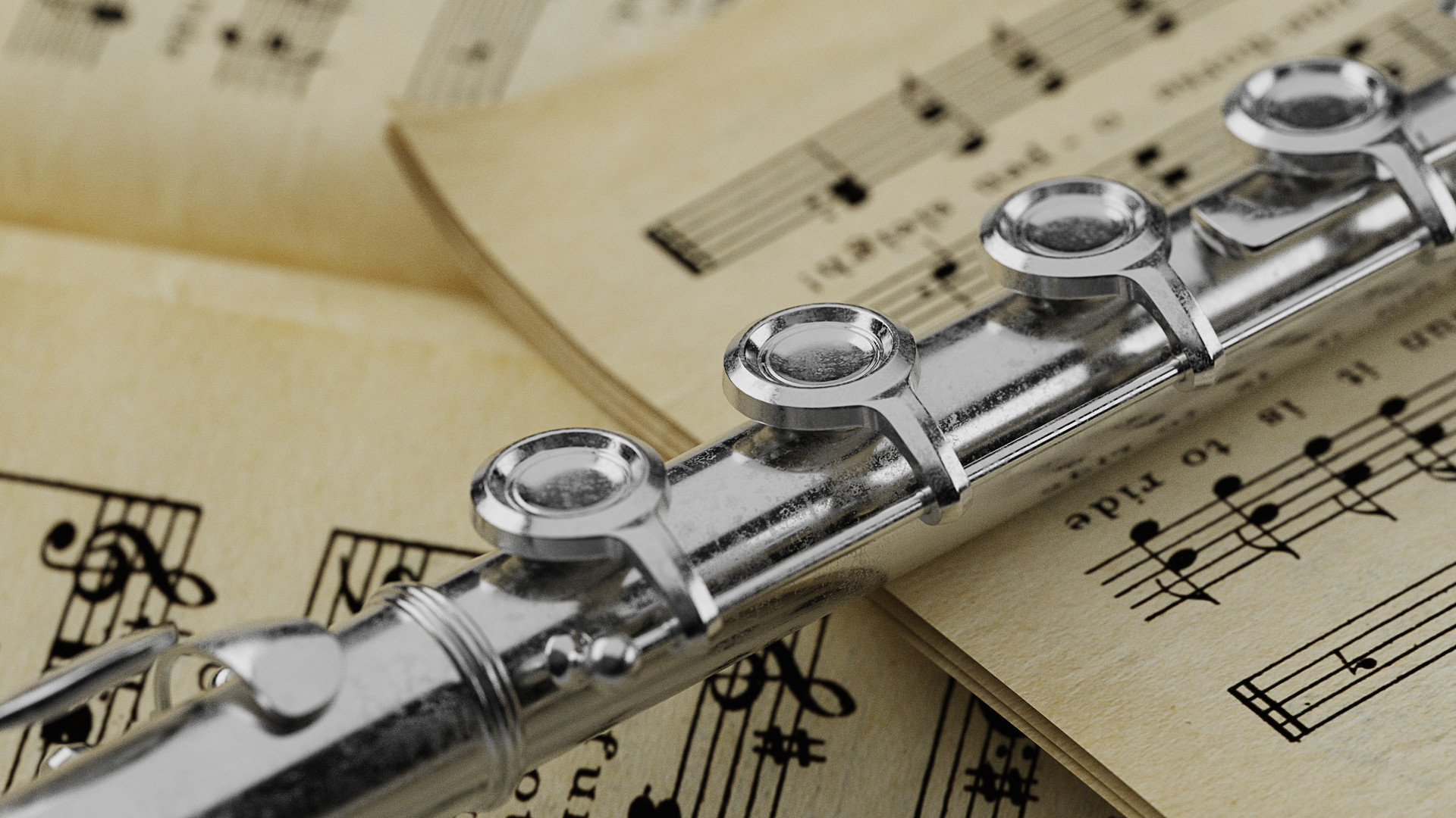 Flute: Savish Uttam, Musical Notes, The modern orchestral wind instrument made of metal with an elaborate set of keys. 1920x1080 Full HD Background.
