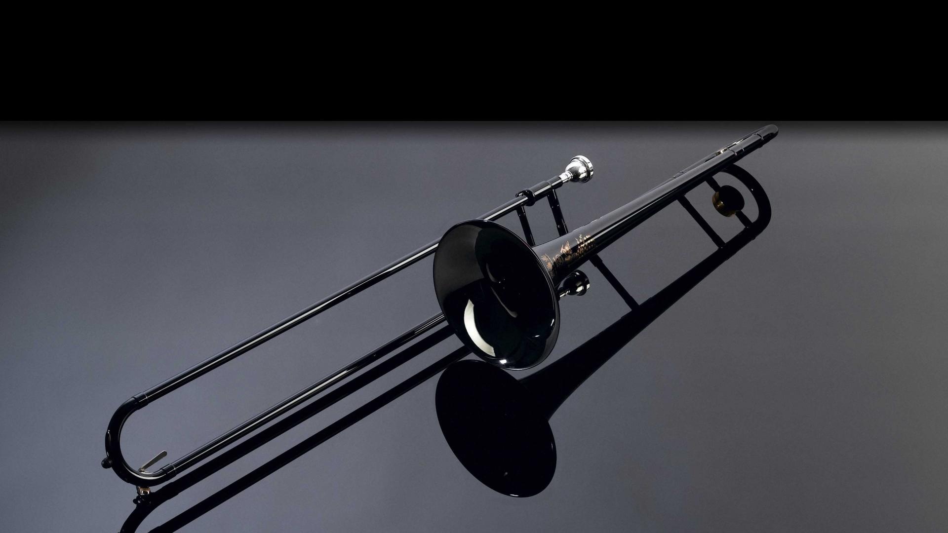 Trombone: Monochrome, Jazz music, A musical instrument played by sliding a U-shaped tube in and out. 1920x1080 Full HD Wallpaper.