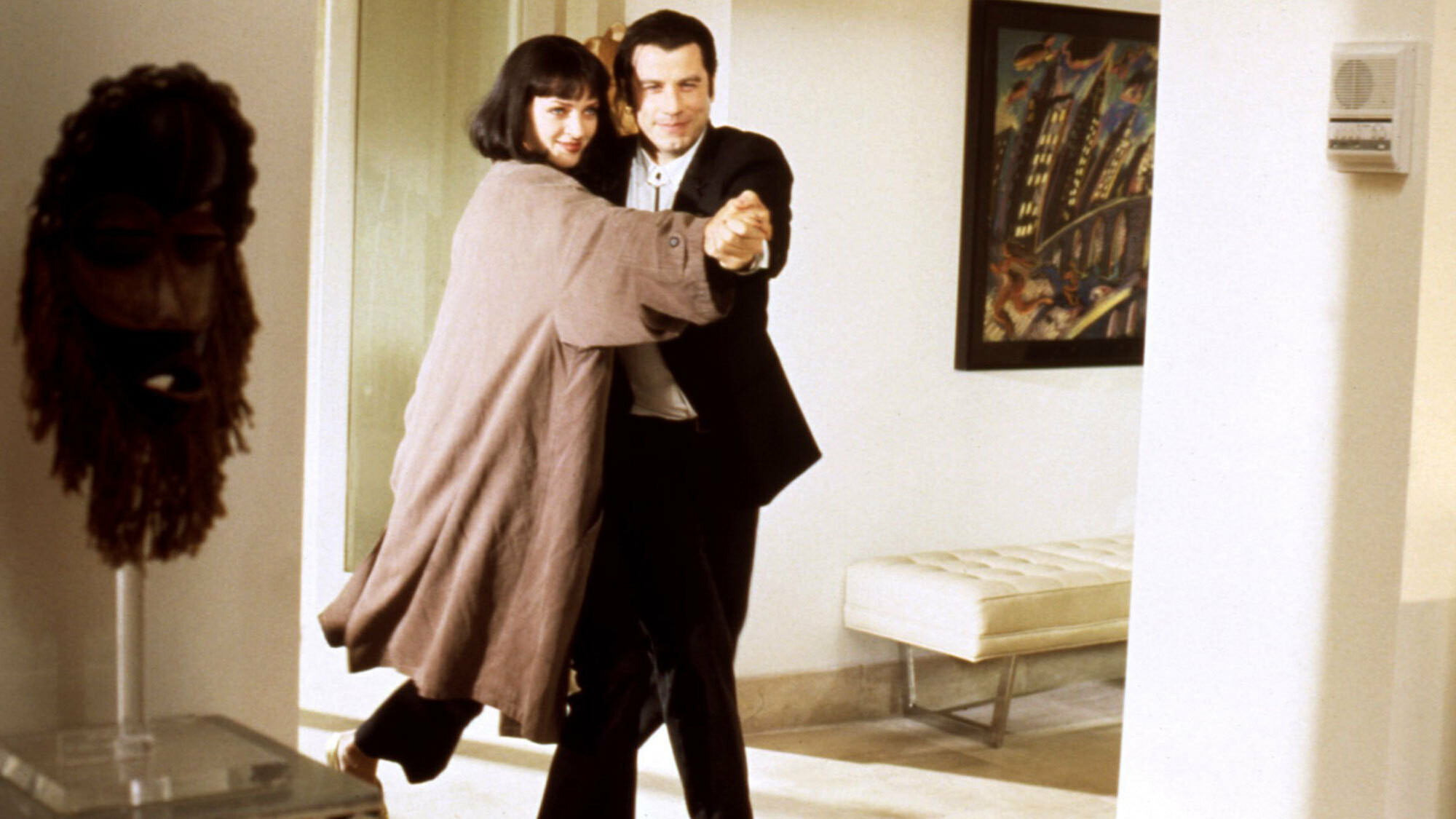 Pulp Fiction: John Travolta as Vincent Vega, Uma Thurman as Mia Wallace. 2000x1130 HD Wallpaper.