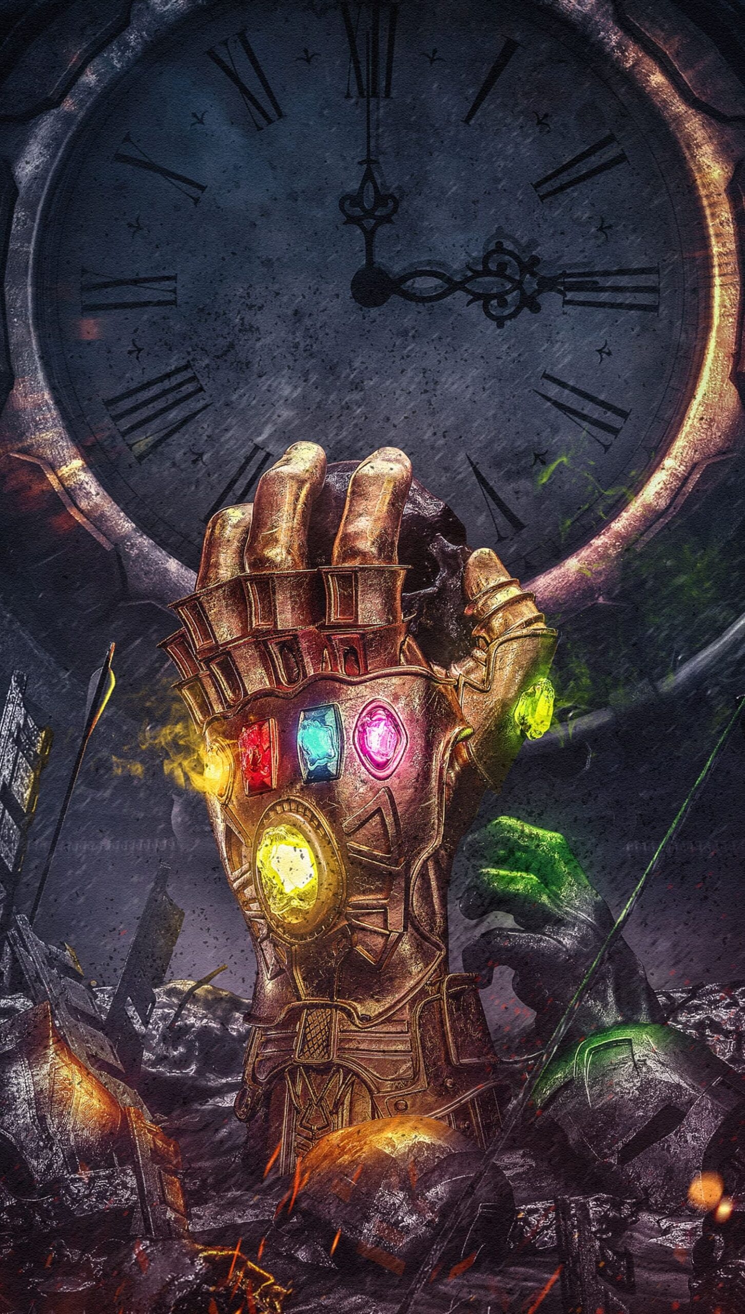 Infinity Gauntlet, Cosmic stones, Thanos' ultimate weapon, Movie-inspired artwork, 1460x2560 HD Phone