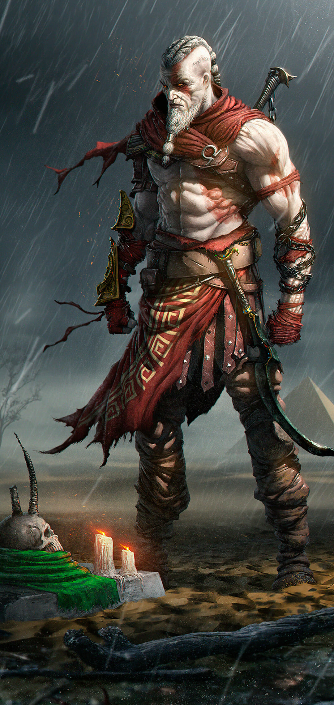 God of War: Throughout the Greek era of the series, Kratos is portrayed as a Spartan warrior, who becomes known as the "Ghost of Sparta" after accidentally killing his family due to the trickery of his former mentor Ares. 1080x2280 HD Background.