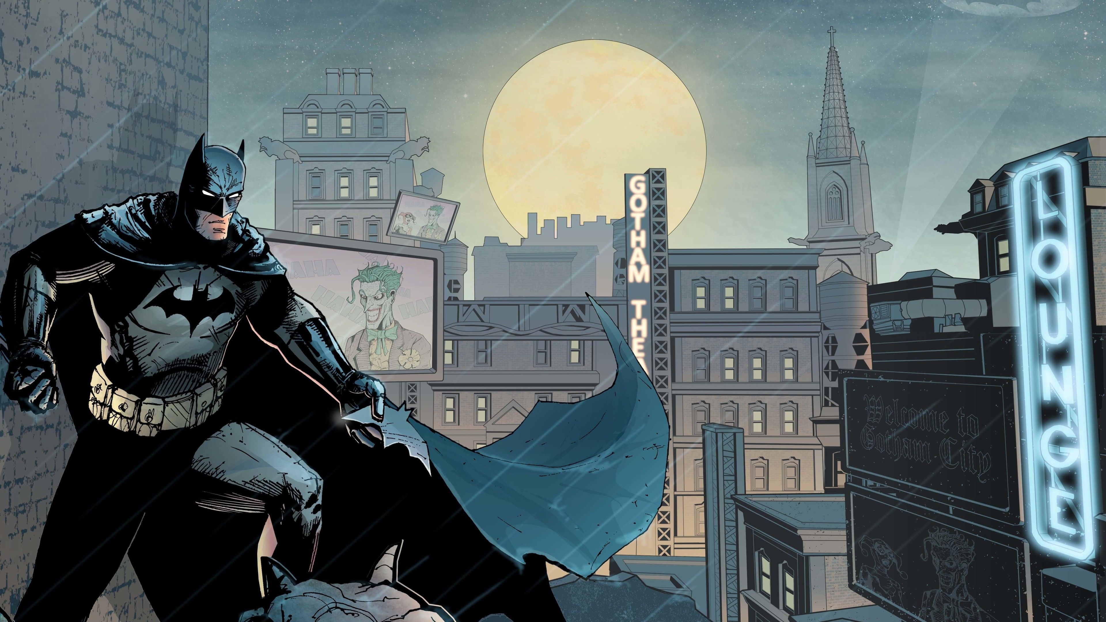 Gotham City, Spectacular skyline, Nightwatch Batman, Dark Knight, Vigilante justice, 3840x2160 4K Desktop