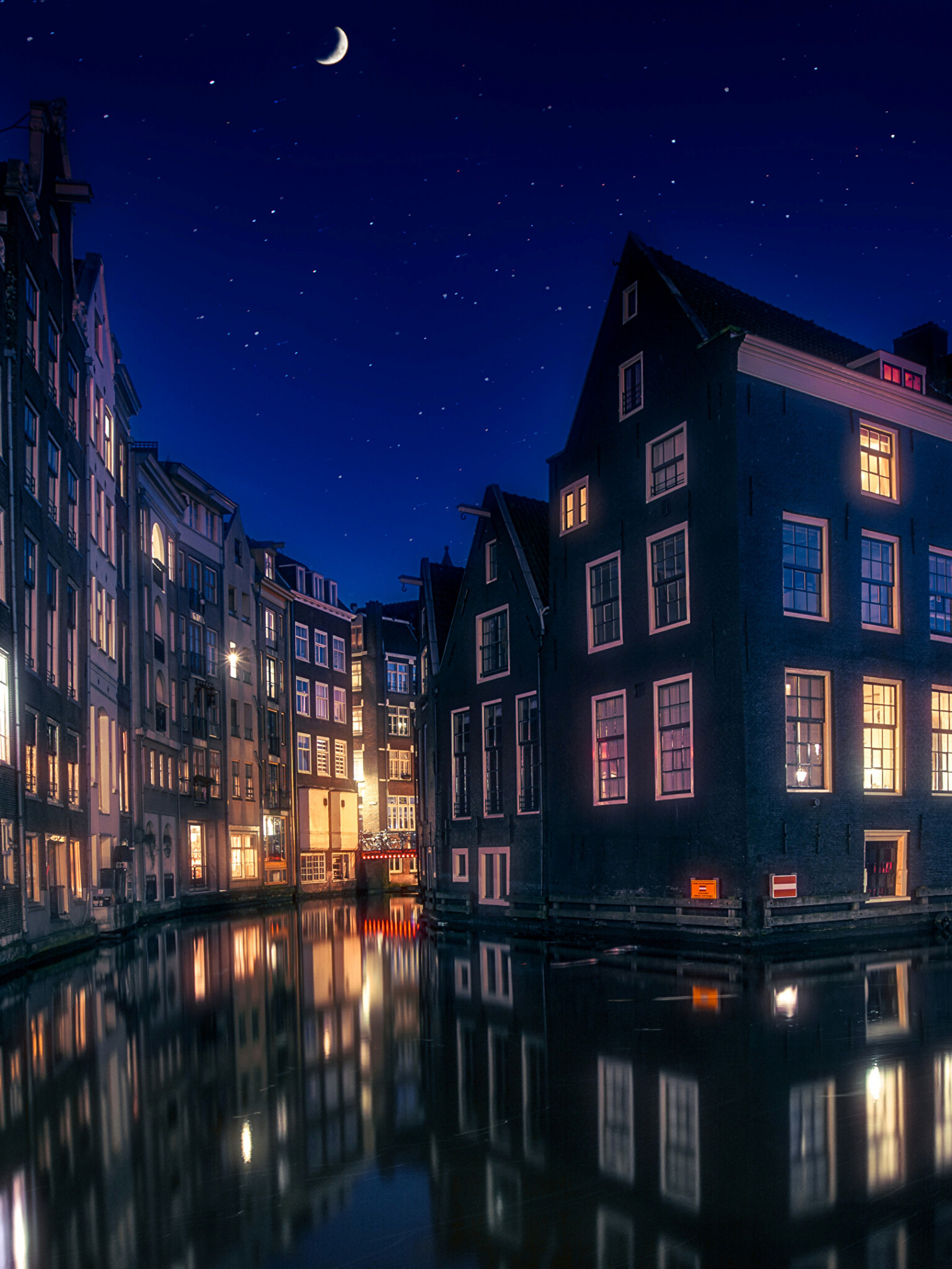 Amsterdam: Netherlands, Canal, Night skyline. 1540x2050 HD Wallpaper.