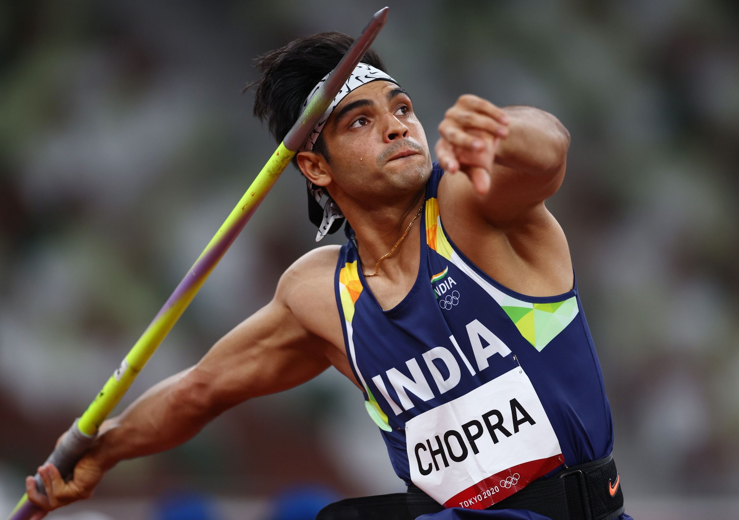 Javelin Throw: Athletics final, Neeraj Chopra, India, Tokyo 2020 Summer Olympics. 2560x1810 HD Background.