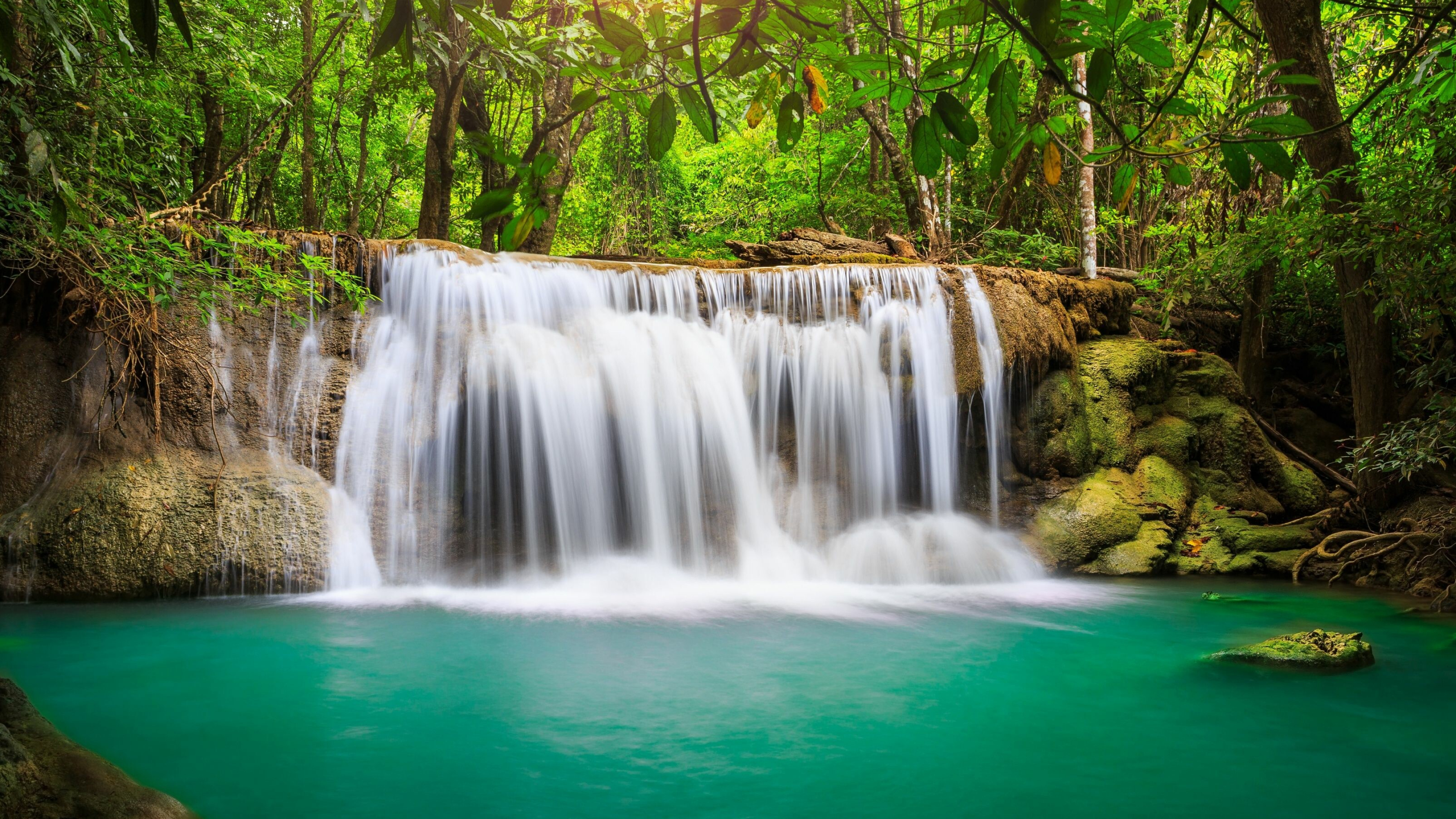 Waterfall: Rainforest, Water that descends from a wide stream or river. 3560x2000 HD Wallpaper.