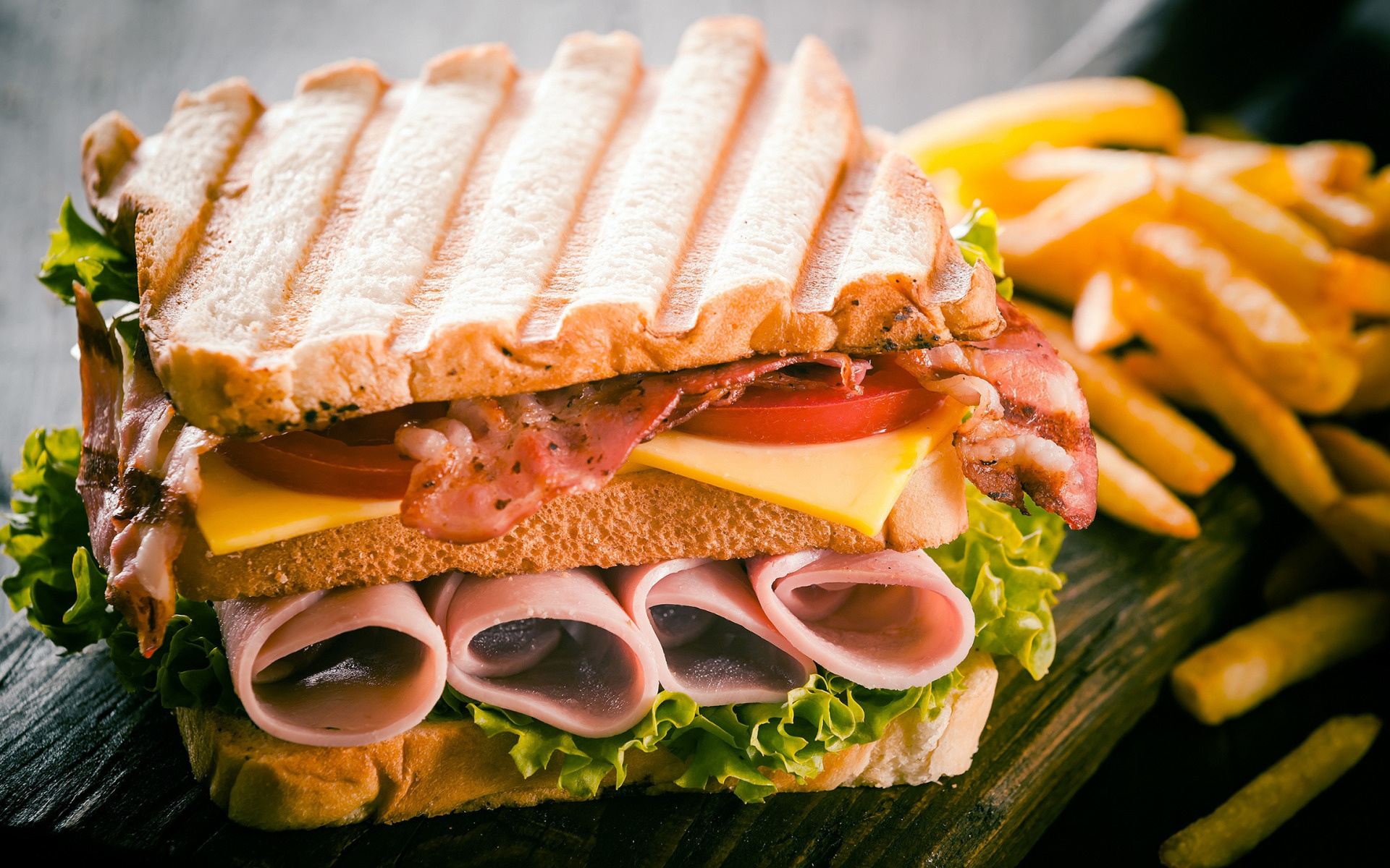 Sandwich: Ham and cheese, Fast food, French fries, Bread with meat. 1920x1200 HD Background.