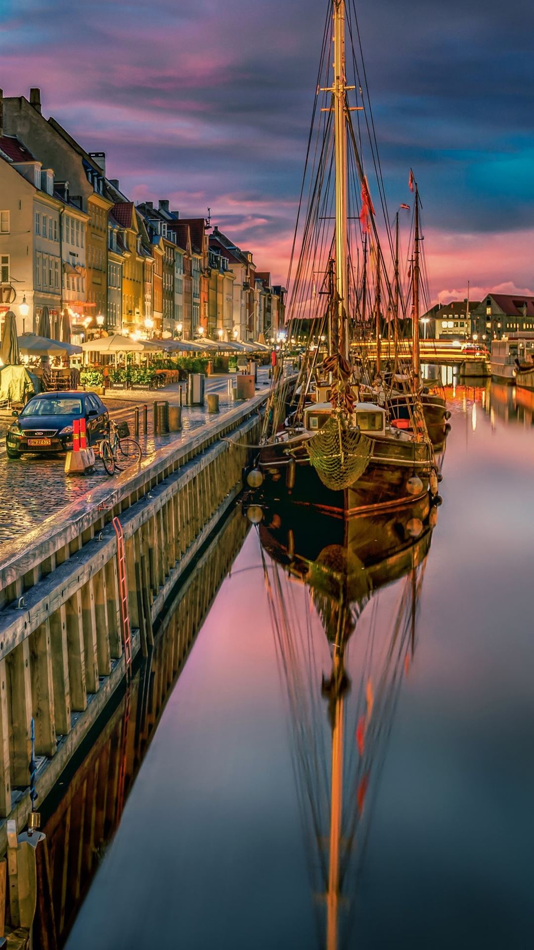 Colorful canal houses, Waterfront promenade, Copenhagen's charm, Picturesque scenery, 1080x1920 Full HD Phone